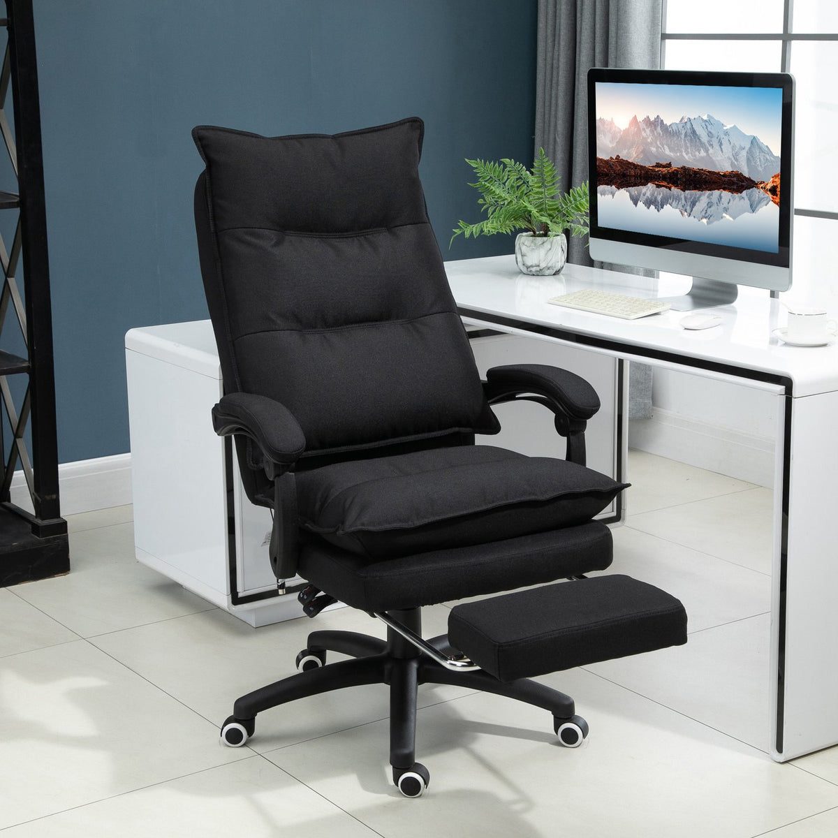 Massage Office Chair with Retractable Footrest Ergonomic Desk Chair Height Adjustable Black