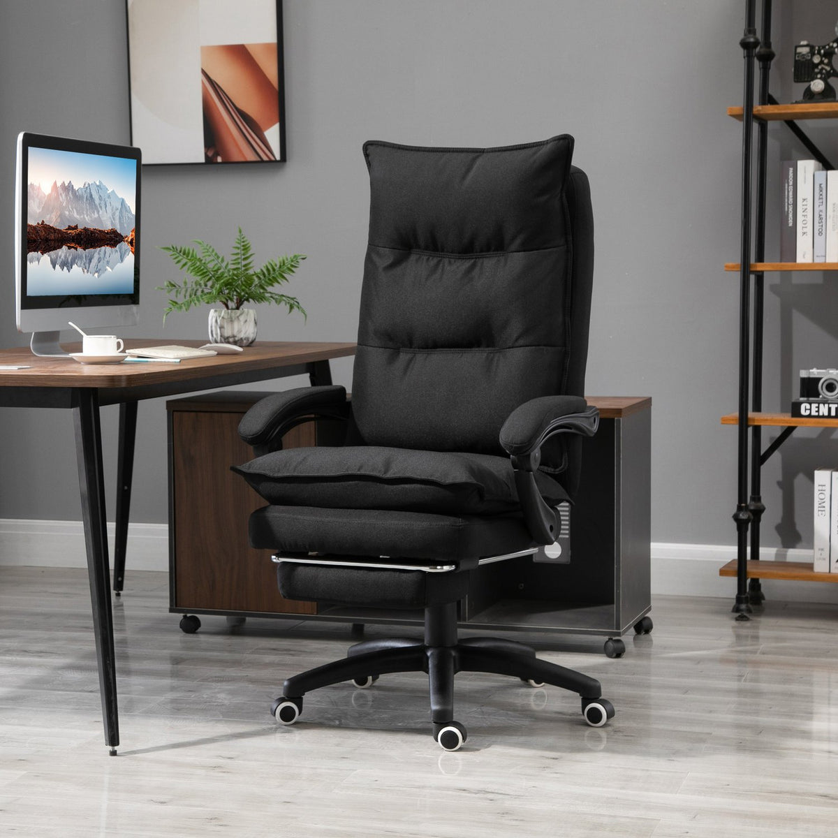 Massage Office Chair with Retractable Footrest Ergonomic Desk Chair Height Adjustable Black