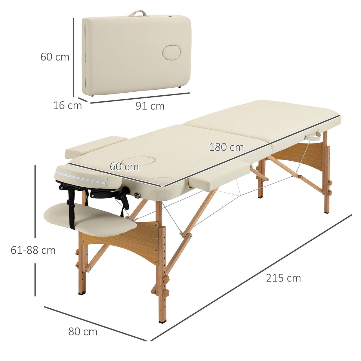 Massage Table, Folding Massage Table, Height Adjustable Massage Bench, Massage Bed with Headrest, for Spa, Salon, Faux Leather, Wood, Cream