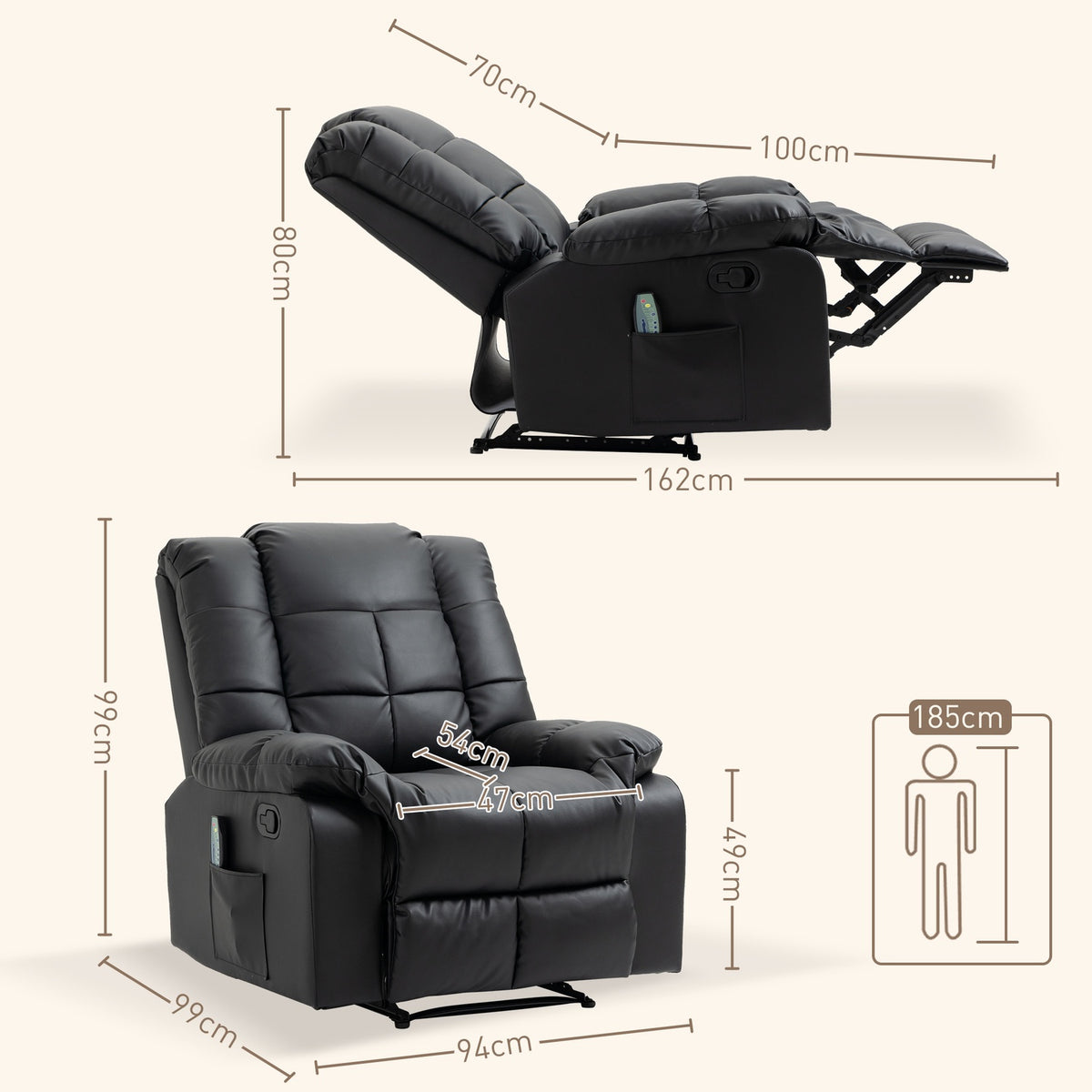Massage chair, TV chair, electric relaxation chair with massage function, faux leather, wood, steel, foam, black, 94 x 99 x 99 cm