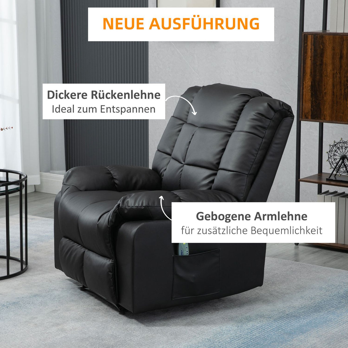 Massage chair, TV chair, electric relaxation chair with massage function, faux leather, wood, steel, foam, black, 94 x 99 x 99 cm