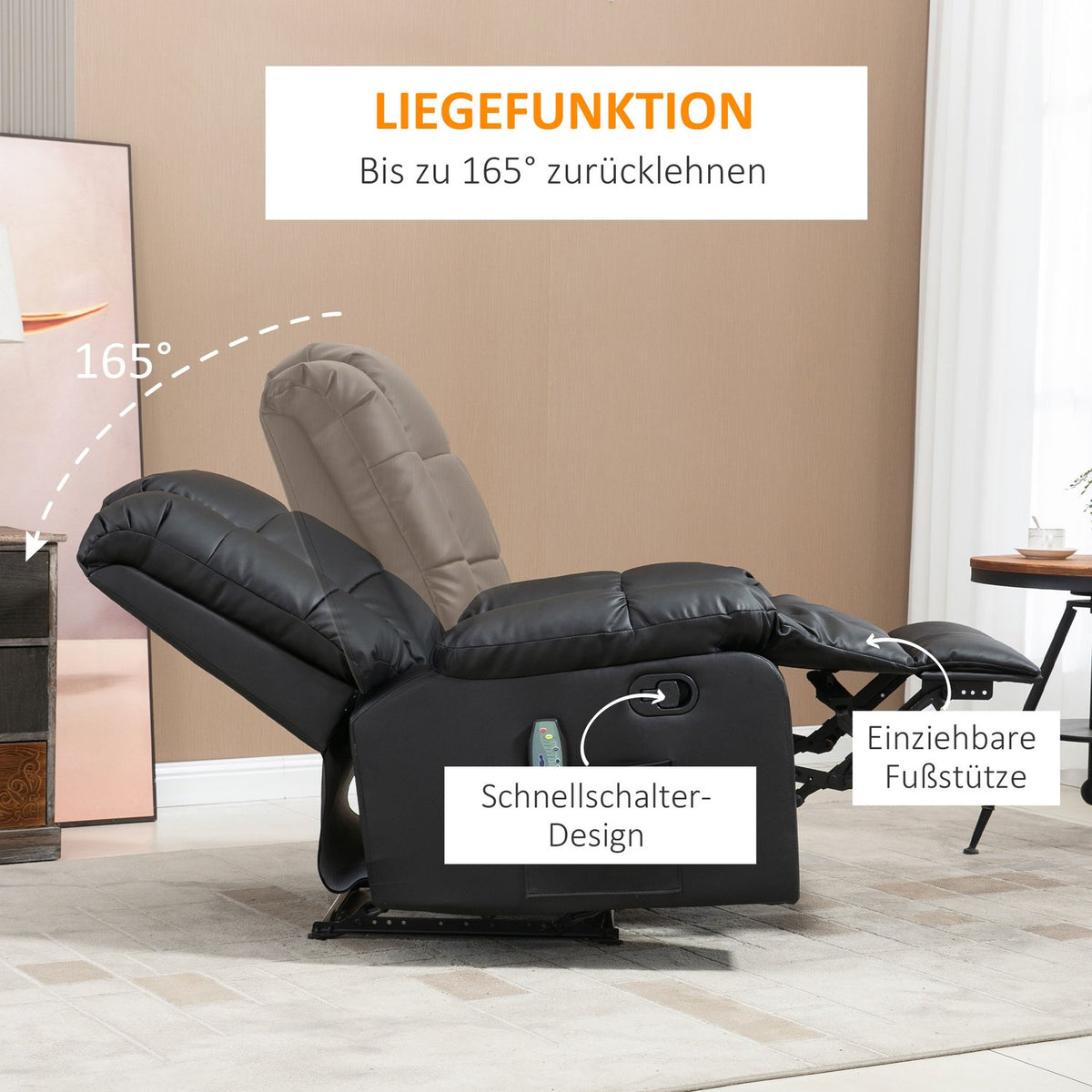 Massage chair, TV chair, electric relaxation chair with massage function, faux leather, wood, steel, foam, black, 94 x 99 x 99 cm