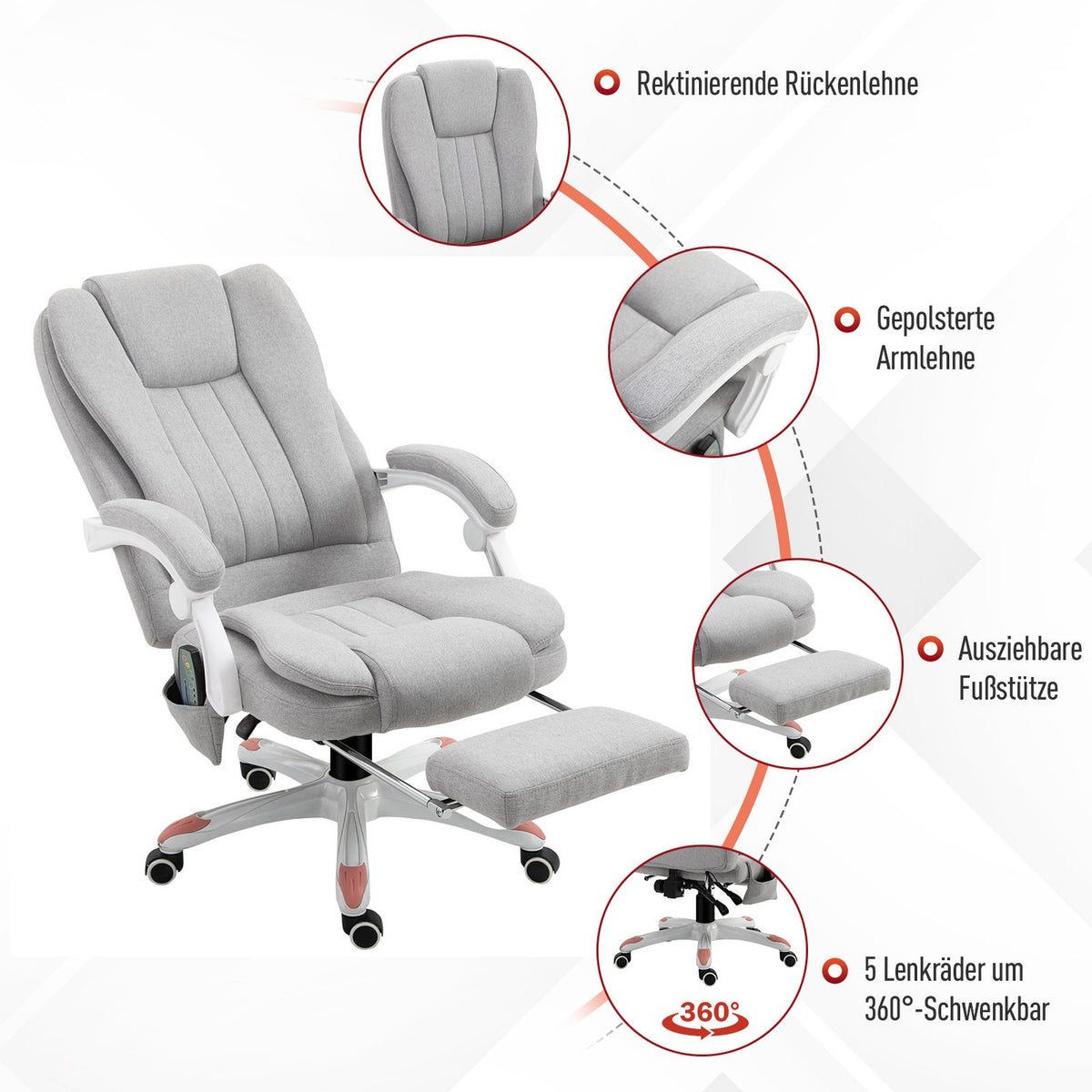 Massage chair office chair, gaming chair made of polyester and foam, nylon, gray, 55.5x56.5x107-115cm