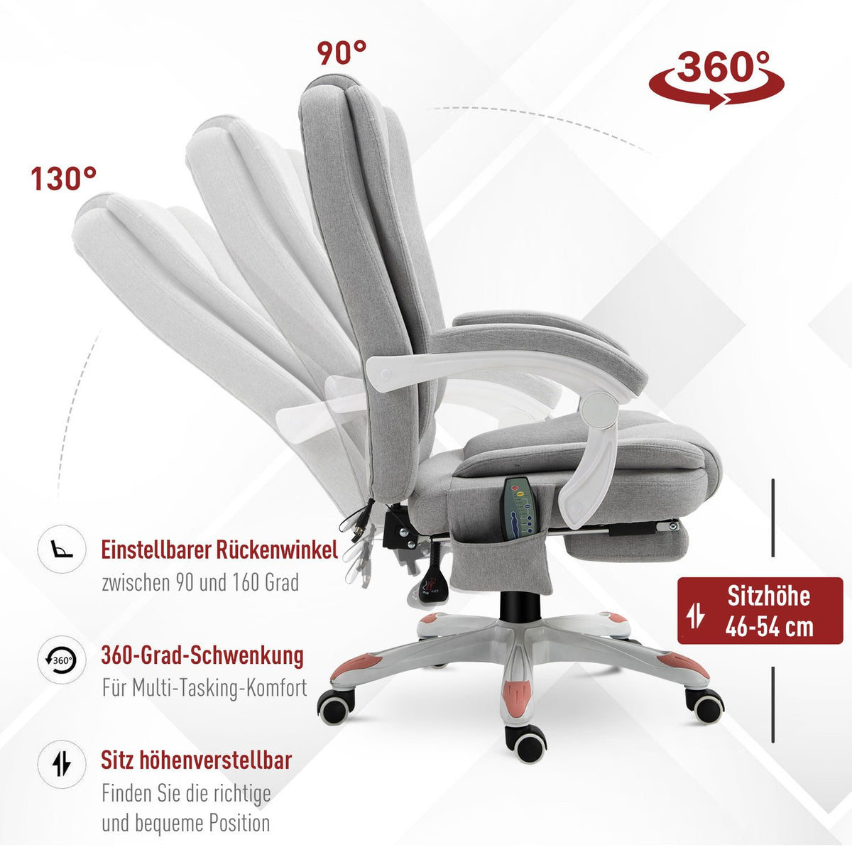 Massage chair office chair, gaming chair made of polyester and foam, nylon, gray, 55.5x56.5x107-115cm
