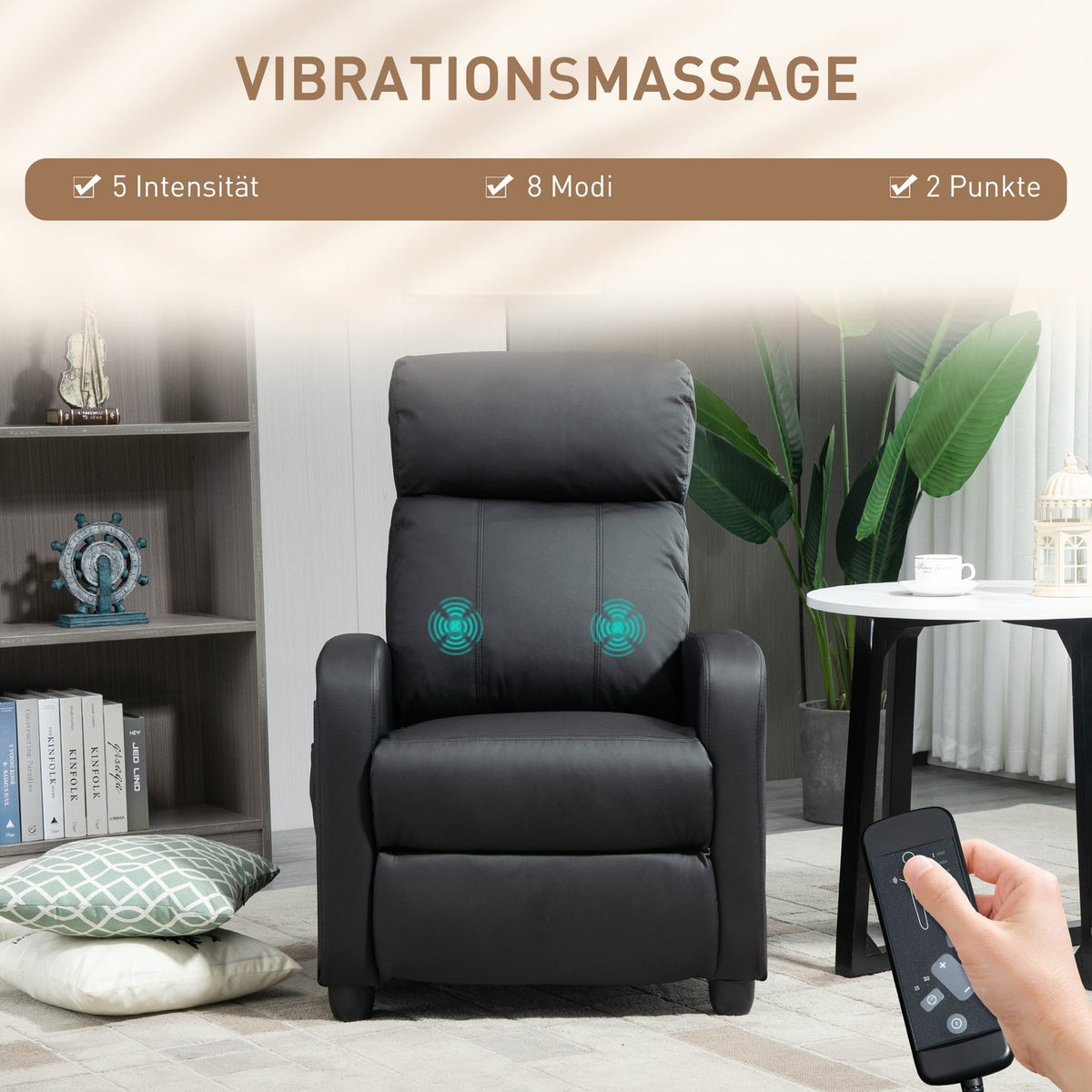 Massage chair, relaxation chair, TV chair, reclining chair with backrest, 2-point massage, PU foam, black, 68 x 88 x 98 cm