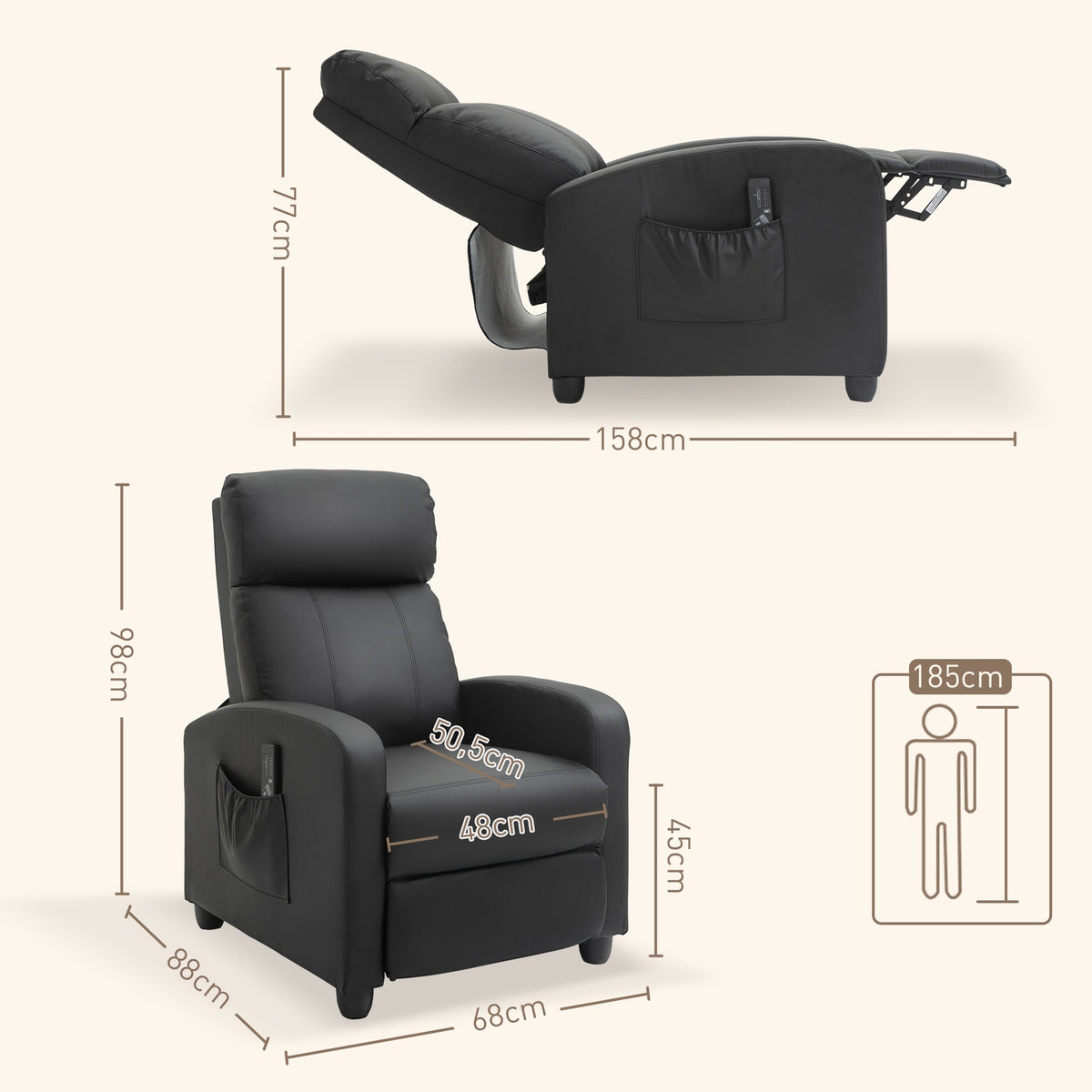 Massage chair, relaxation chair, TV chair, reclining chair with backrest, 2-point massage, PU foam, black, 68 x 88 x 98 cm