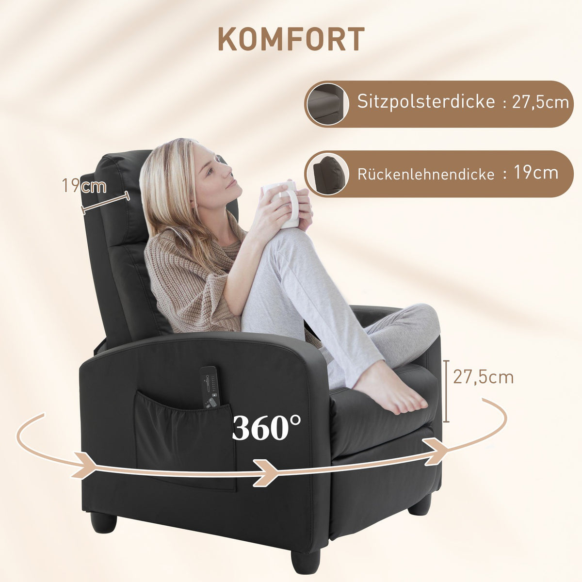 Massage chair, relaxation chair, TV chair, reclining chair with backrest, 2-point massage, PU foam, black, 68 x 88 x 98 cm