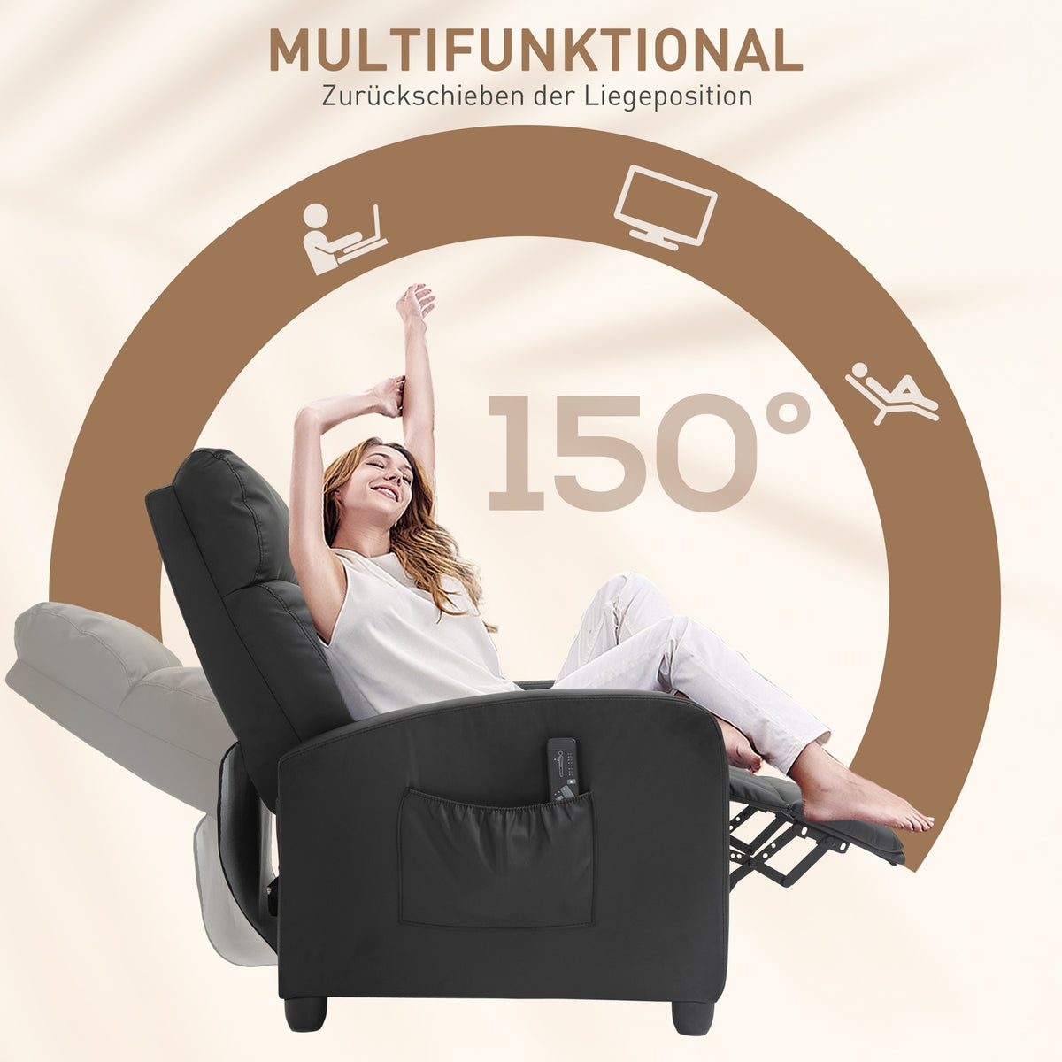 Massage chair, relaxation chair, TV chair, reclining chair with backrest, 2-point massage, PU foam, black, 68 x 88 x 98 cm