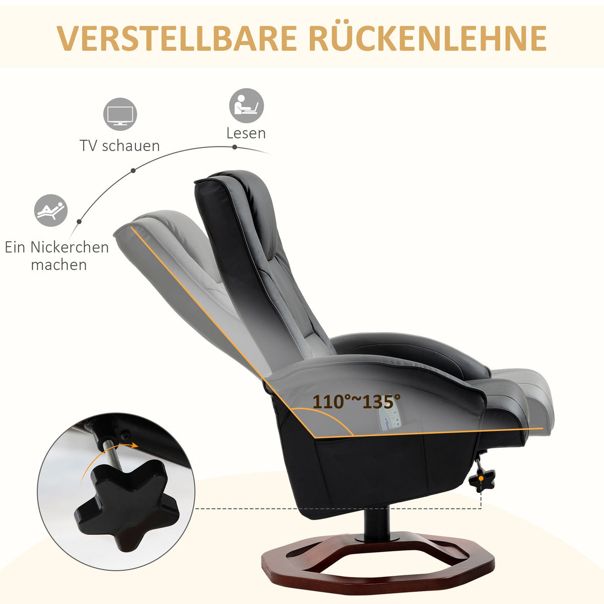 Massage chair, relaxation lounger with footstool, relaxation chair, reclining function, TV chair, lounge chair, 360° rotatable, faux leather, 73 x 83 x 106 cm