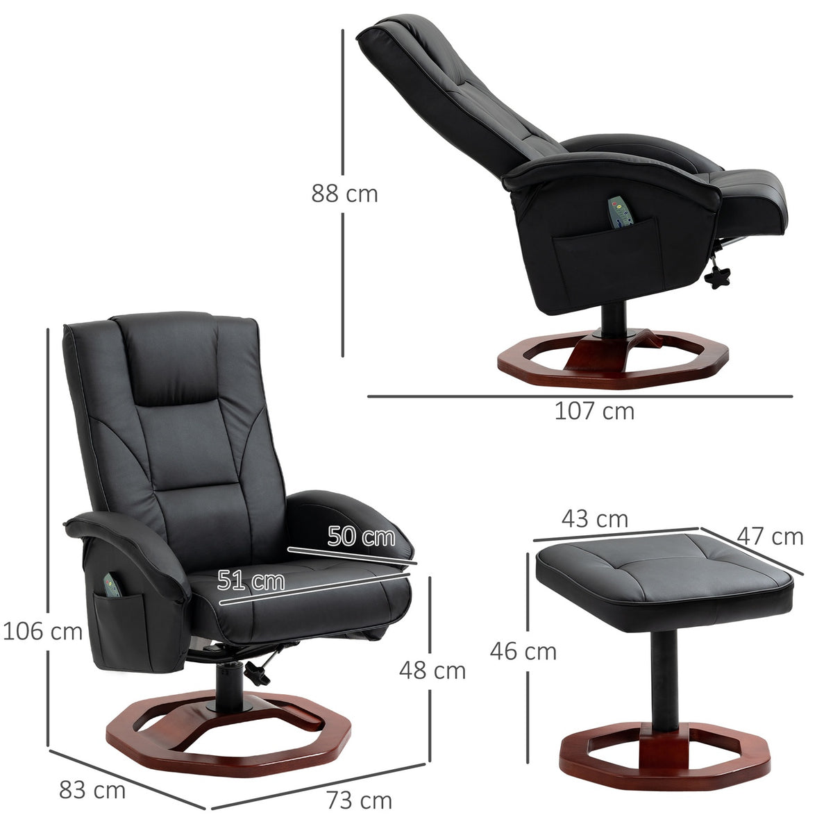 Massage chair, relaxation lounger with footstool, relaxation chair, reclining function, TV chair, lounge chair, 360° rotatable, faux leather, 73 x 83 x 106 cm