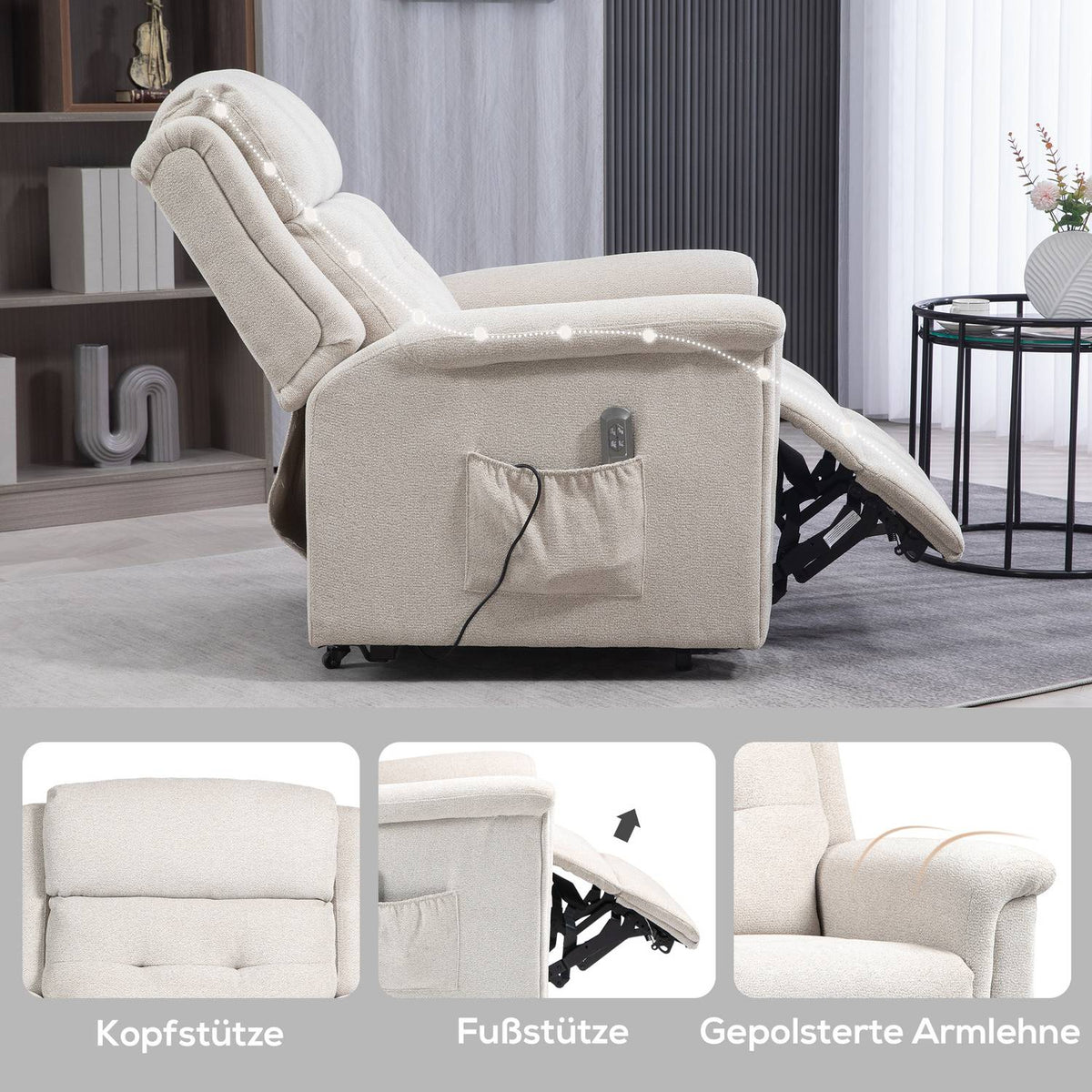 Massage chair stand-up aid, electric, 180° tiltable, with reclining function, remote control, side pocket, 92L x 87W x 108H cm, light grayAoso