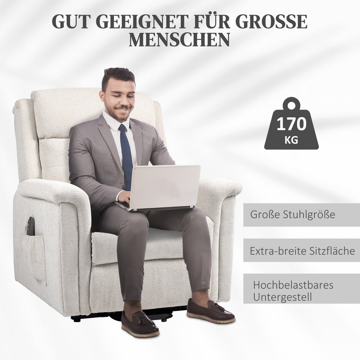 Massage chair stand-up aid, electric, 180° tiltable, with reclining function, remote control, side pocket, 92L x 87W x 108H cm, light grayAoso