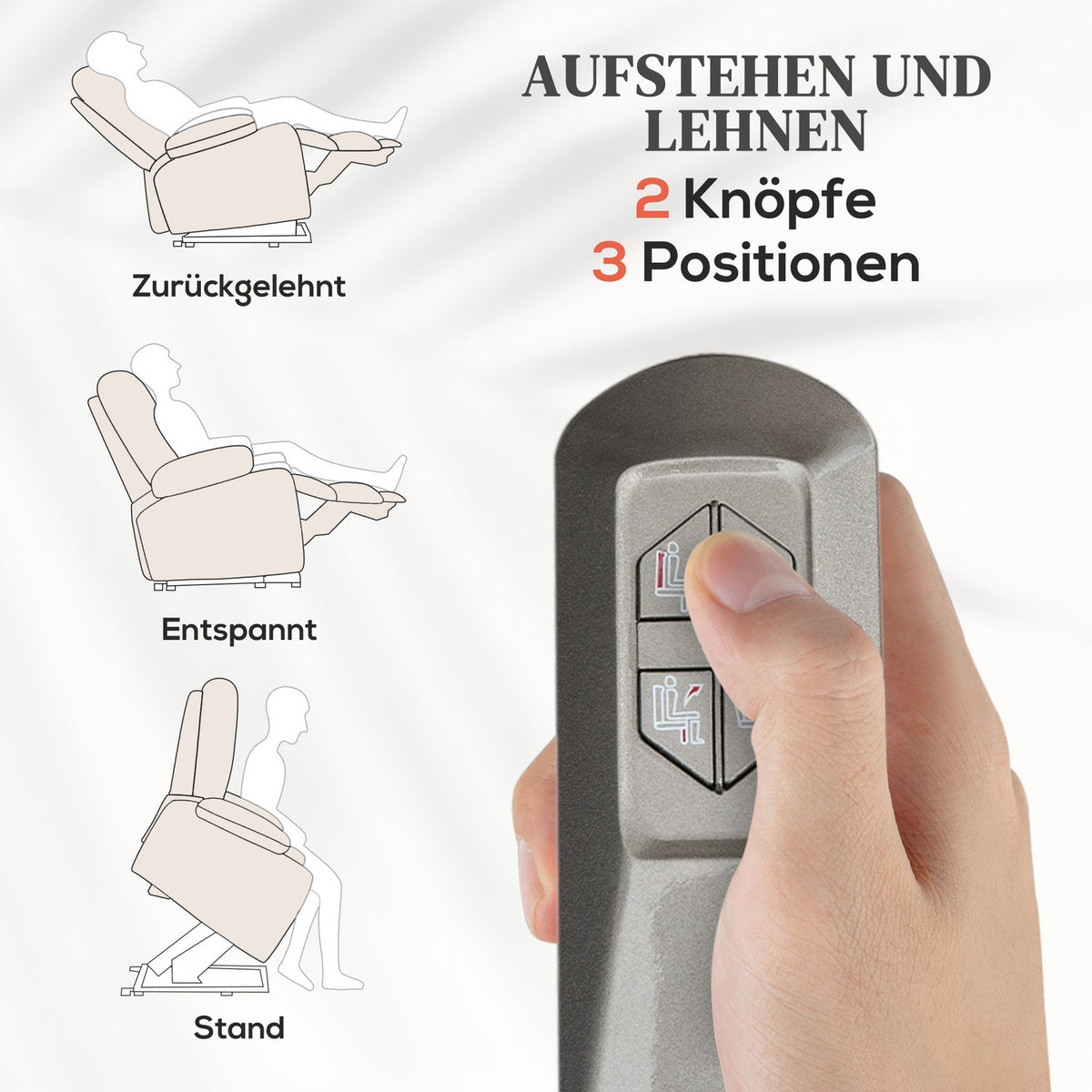 Massage chair stand-up aid, electric, 180° tiltable, with reclining function, remote control, side pocket, 92L x 87W x 108H cm, light grayAoso
