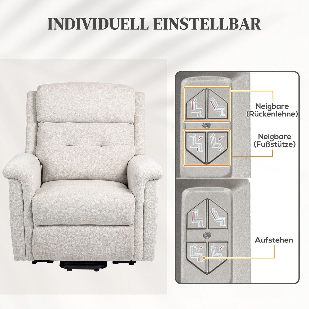 Massage chair stand-up aid, electric, 180° tiltable, with reclining function, remote control, side pocket, 92L x 87W x 108H cm, light grayAoso