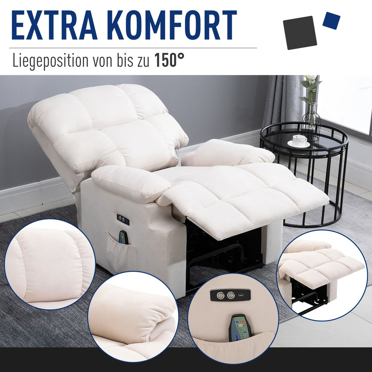 Massage chair stand-up aid relaxation chair with heat function, adjustable, USB remote control, short plush for relaxed sitting