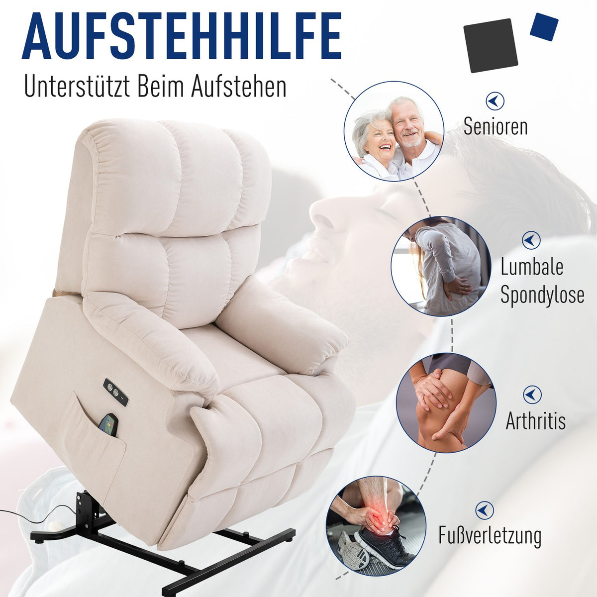 Massage chair stand-up aid relaxation chair with heat function, adjustable, USB remote control, short plush for relaxed sitting