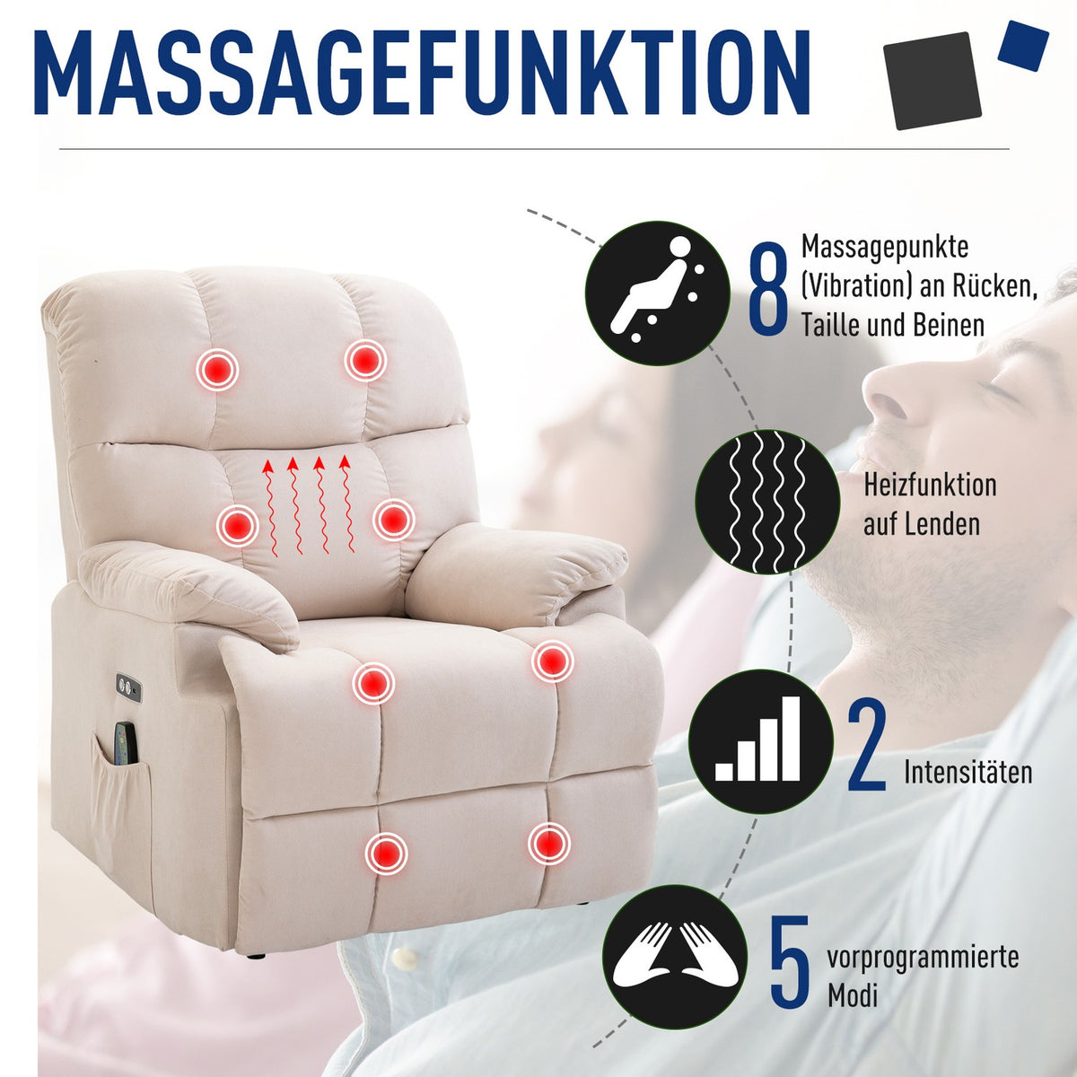 Massage chair stand-up aid relaxation chair with heat function, adjustable, USB remote control, short plush for relaxed sitting