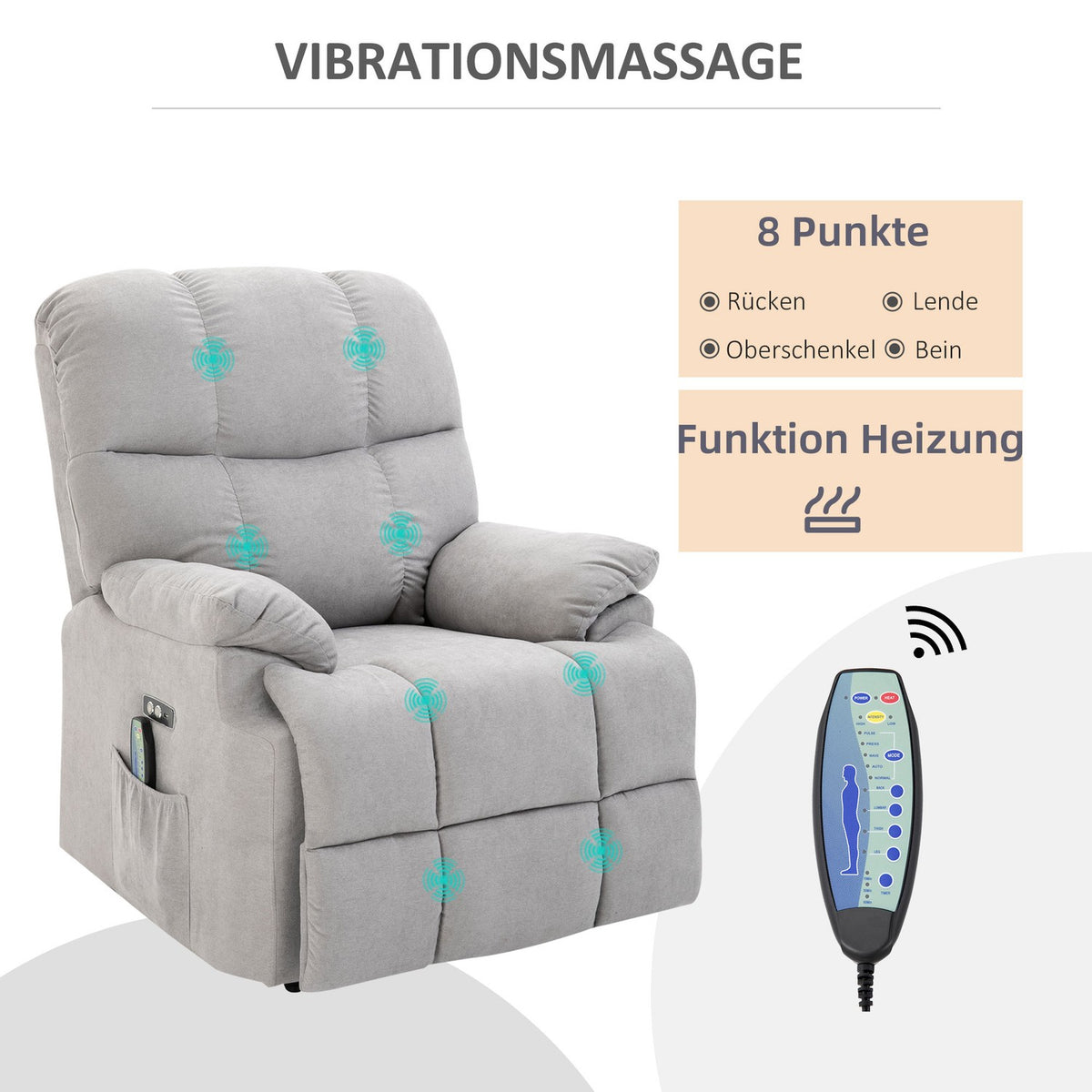 Massage chair with stand-up aid, relaxation chair, TV chair with heat function, adjustable angle, USB remote control, short plush, gray, 83x95x105 cm