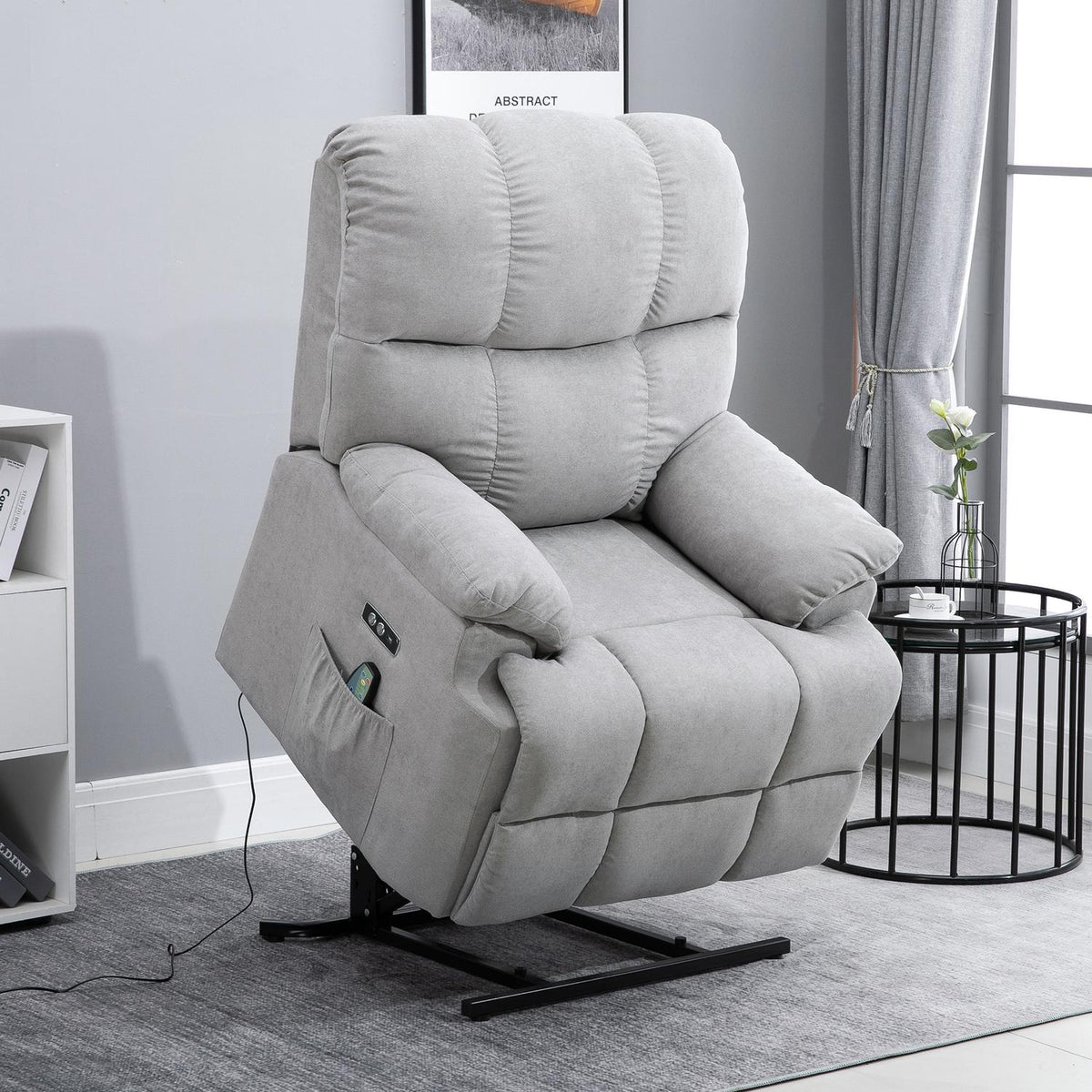 Massage chair with stand-up aid, relaxation chair, TV chair with heat function, adjustable angle, USB remote control, short plush, gray, 83x95x105 cm