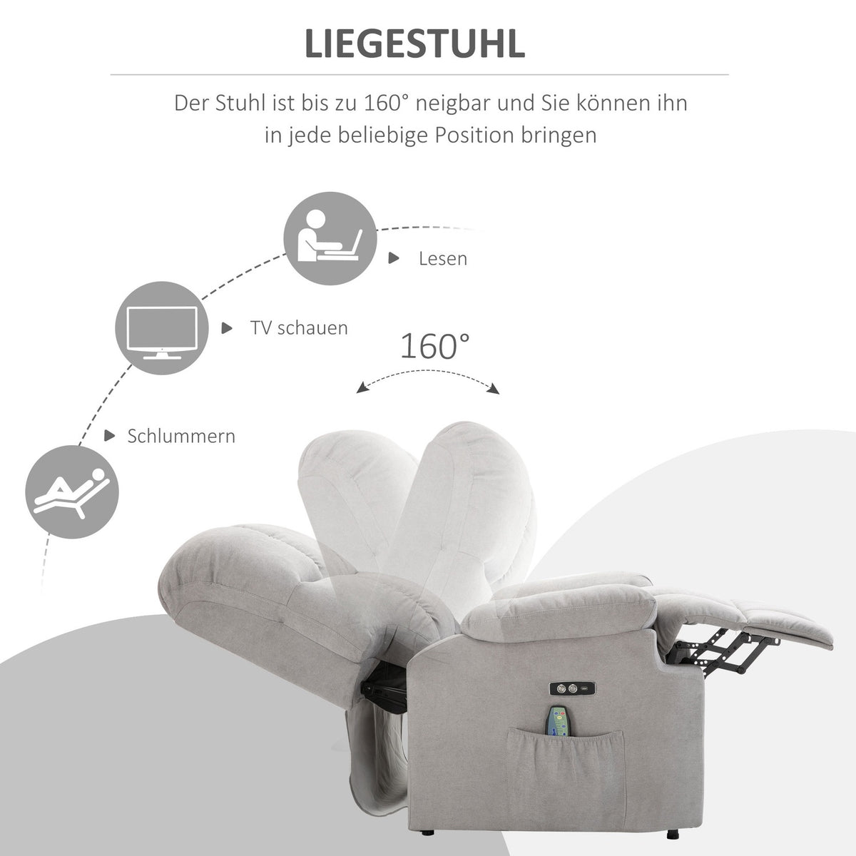 Massage chair with stand-up aid, relaxation chair, TV chair with heat function, adjustable angle, USB remote control, short plush, gray, 83x95x105 cm