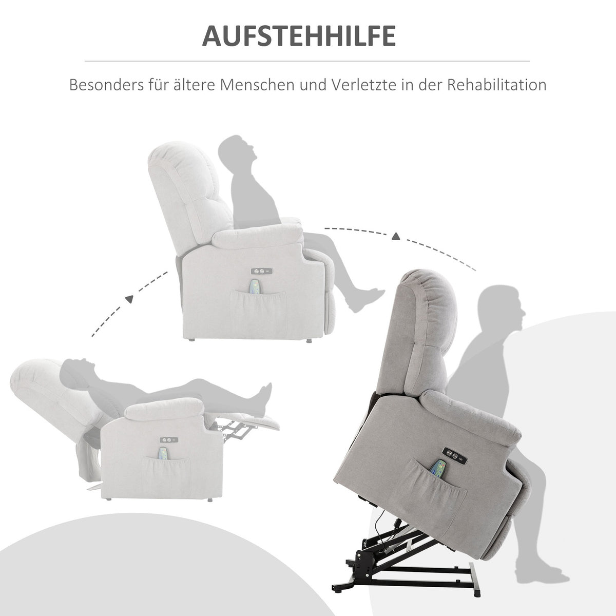 Massage chair with stand-up aid, relaxation chair, TV chair with heat function, adjustable angle, USB remote control, short plush, gray, 83x95x105 cm