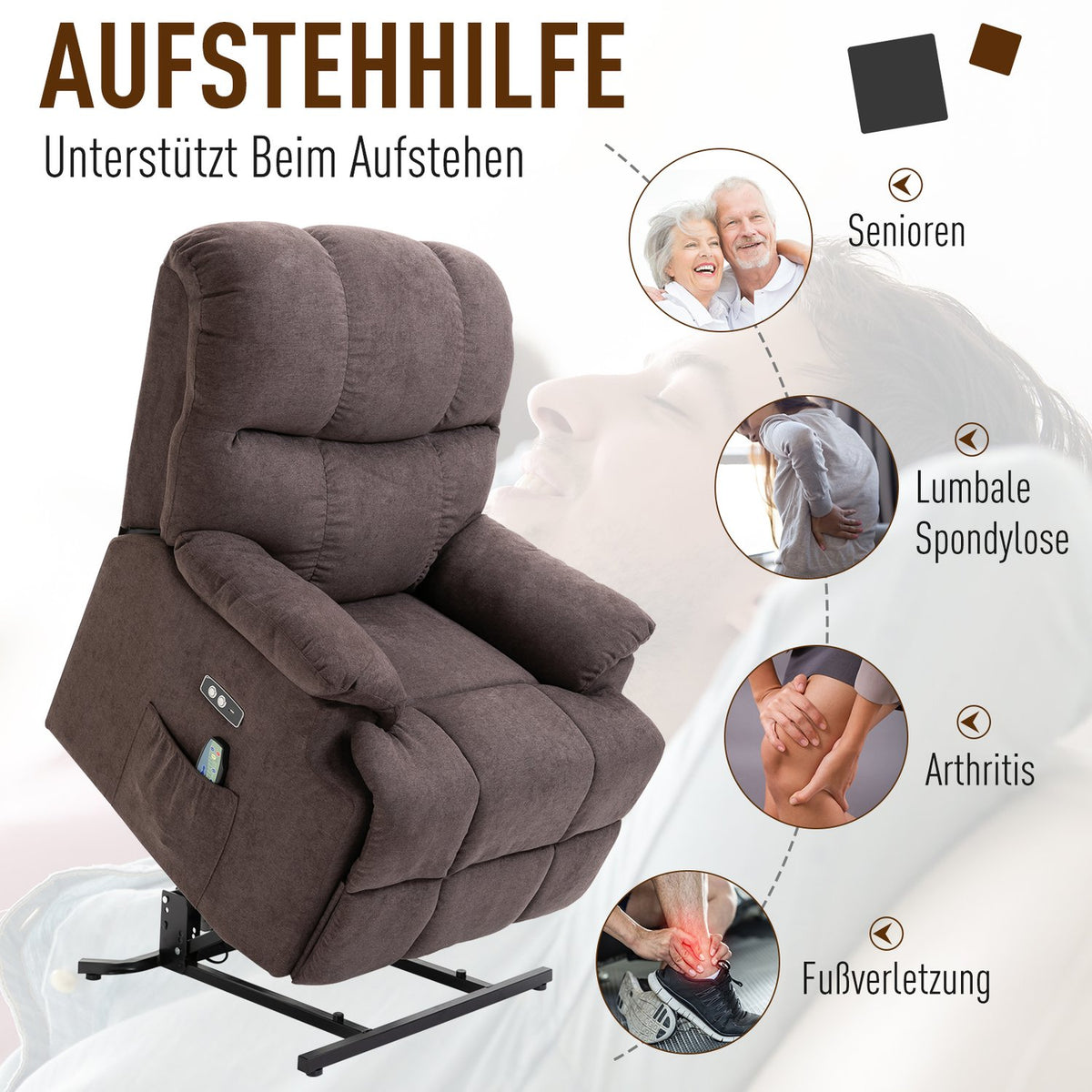 Massage chair with stand-up aid, relaxation chair with heat function, adjustable angle, USB remote control, short plush, brown, 83x95x105cm