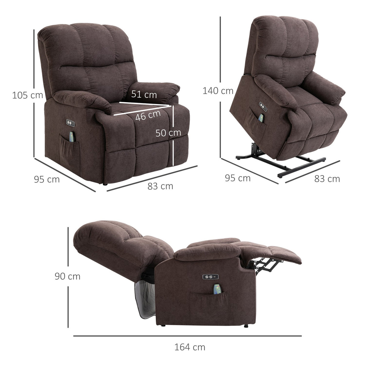 Massage chair with stand-up aid, relaxation chair with heat function, adjustable angle, USB remote control, short plush, brown, 83x95x105cm