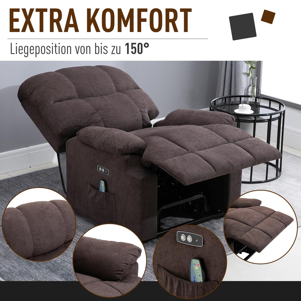 Massage chair with stand-up aid, relaxation chair with heat function, adjustable angle, USB remote control, short plush, brown, 83x95x105cm