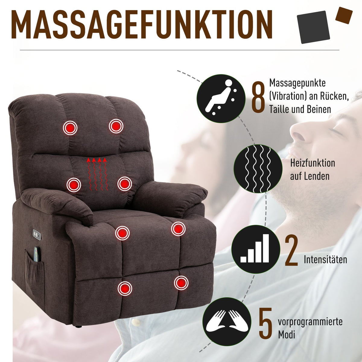 Massage chair with stand-up aid, relaxation chair with heat function, adjustable angle, USB remote control, short plush, brown, 83x95x105cm