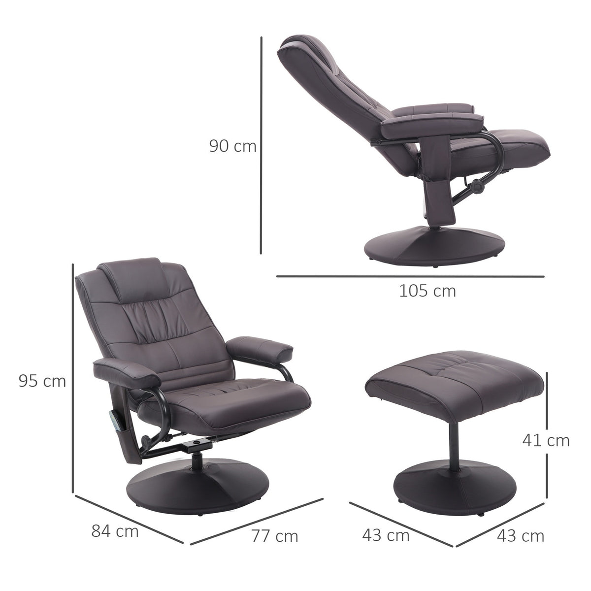 Massage chair with stool, rotating relaxation chair with massage function, electric TV chair with reclining function, faux leather, brown