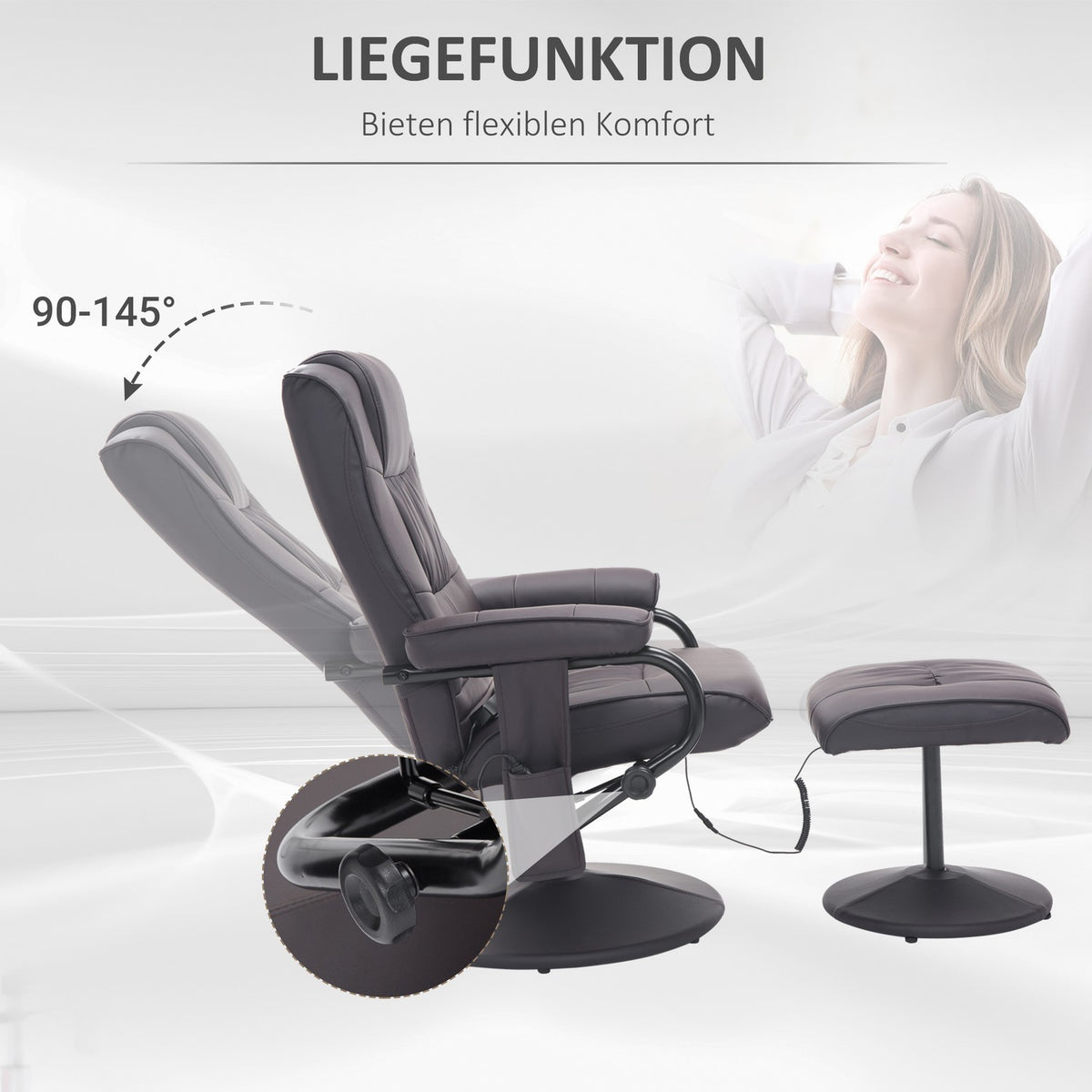 Massage chair with stool, rotating relaxation chair with massage function, electric TV chair with reclining function, faux leather, brown