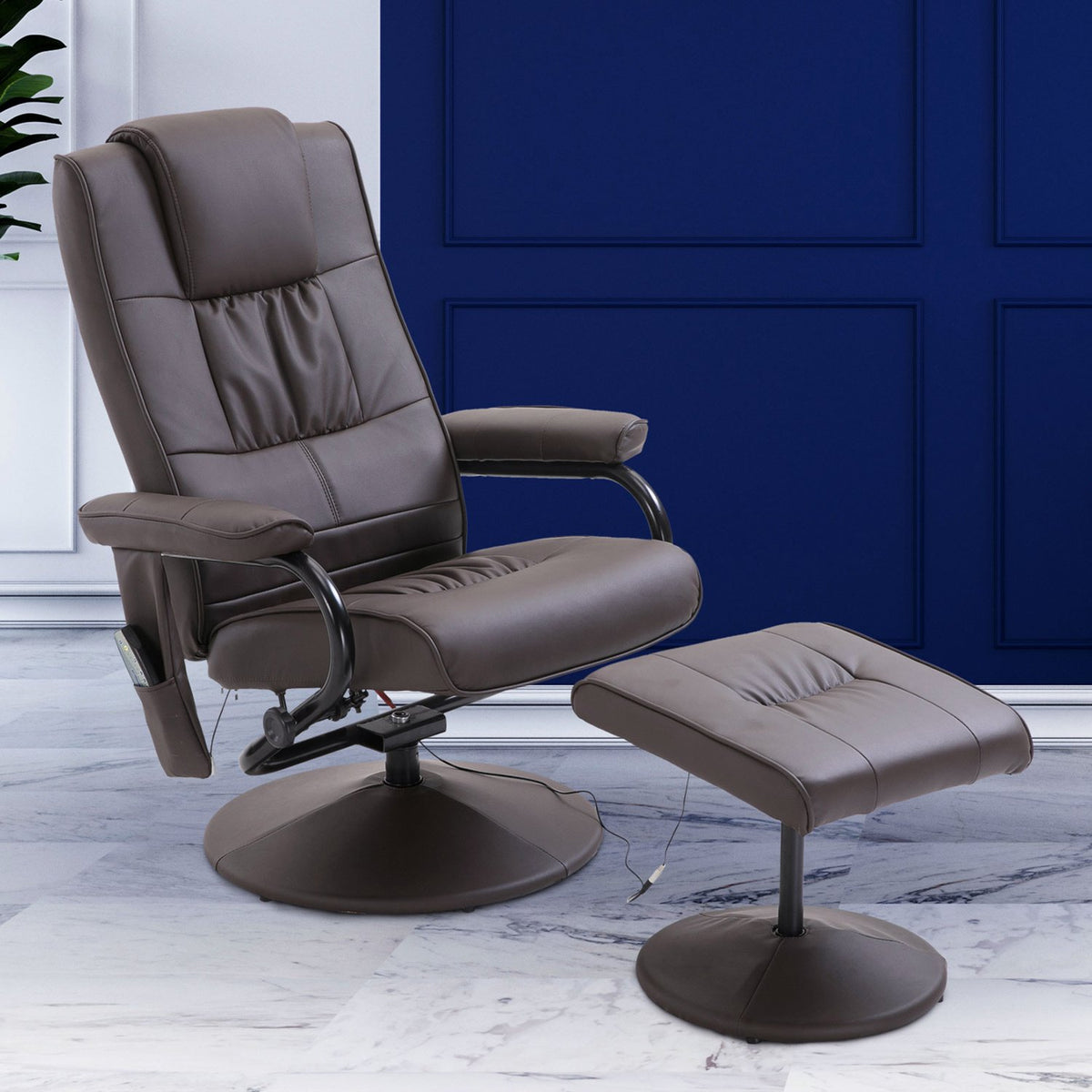 Massage chair with stool, rotating relaxation chair with massage function, electric TV chair with reclining function, faux leather, brown