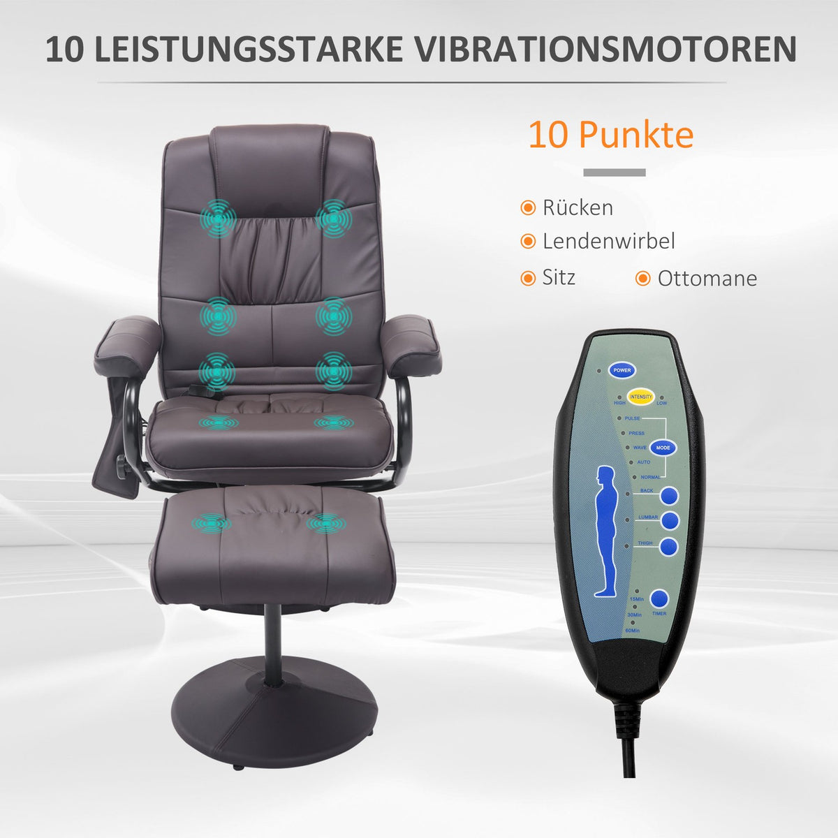 Massage chair with stool, rotating relaxation chair with massage function, electric TV chair with reclining function, faux leather, brown