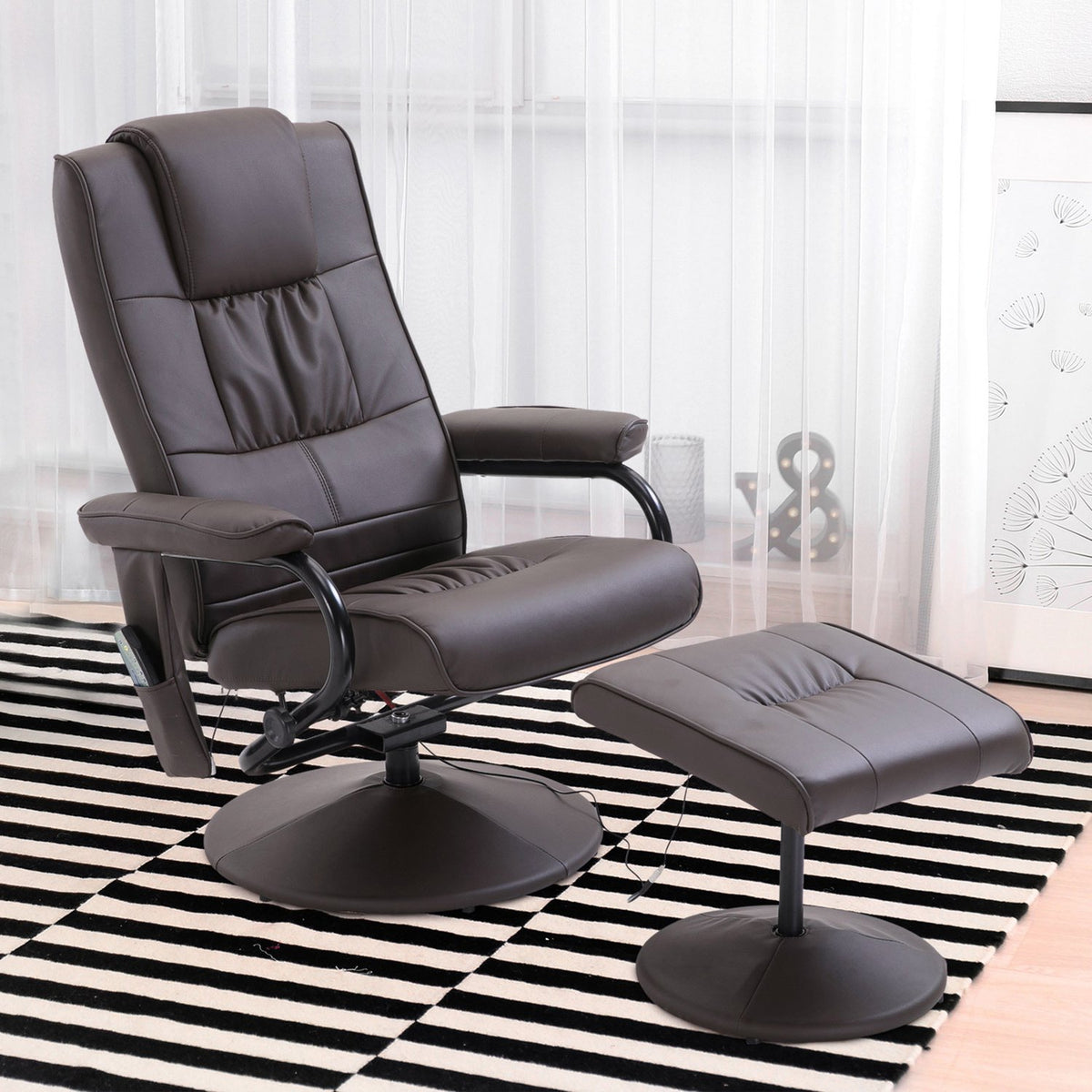 Massage chair with stool, rotating relaxation chair with massage function, electric TV chair with reclining function, faux leather, brown