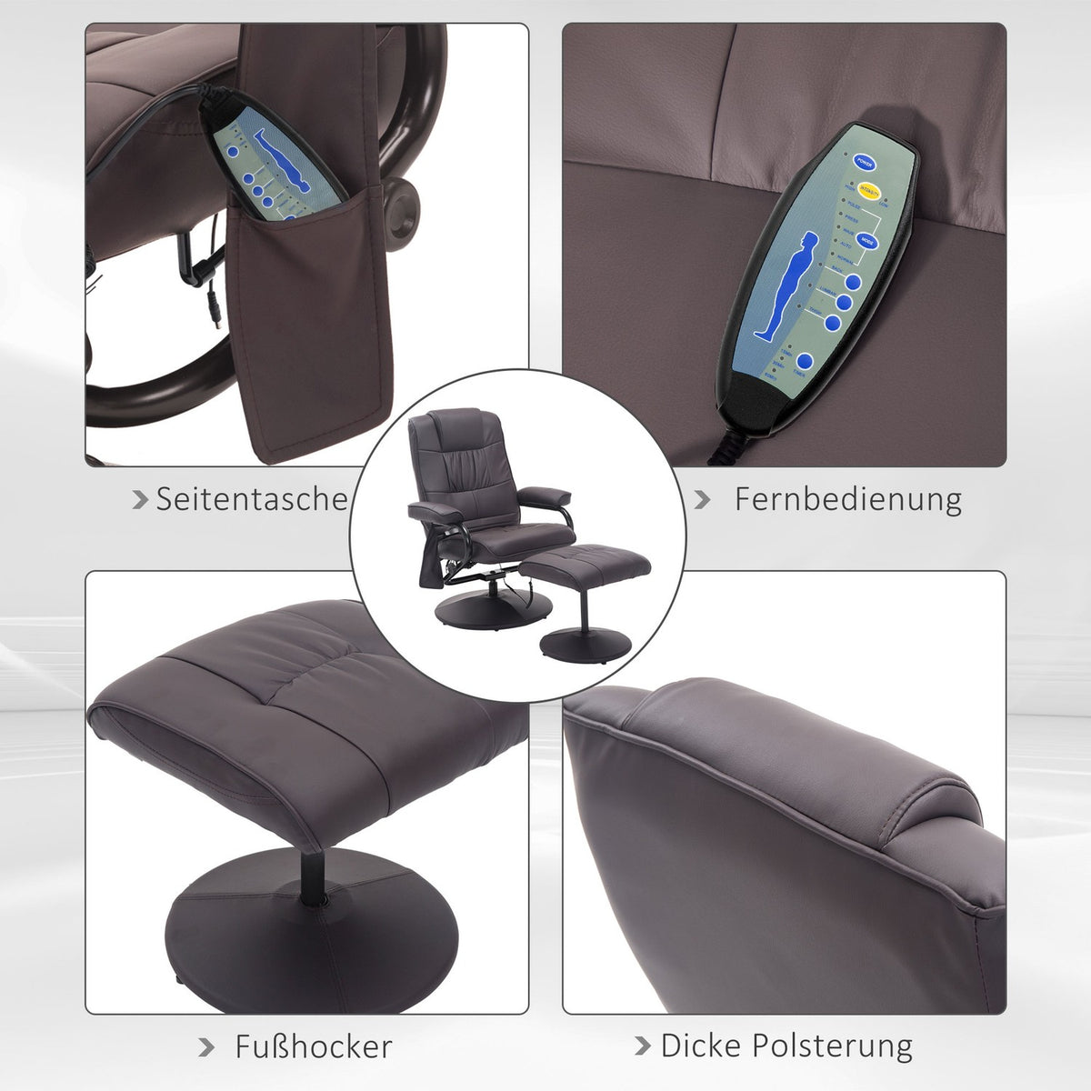 Massage chair with stool, rotating relaxation chair with massage function, electric TV chair with reclining function, faux leather, brown