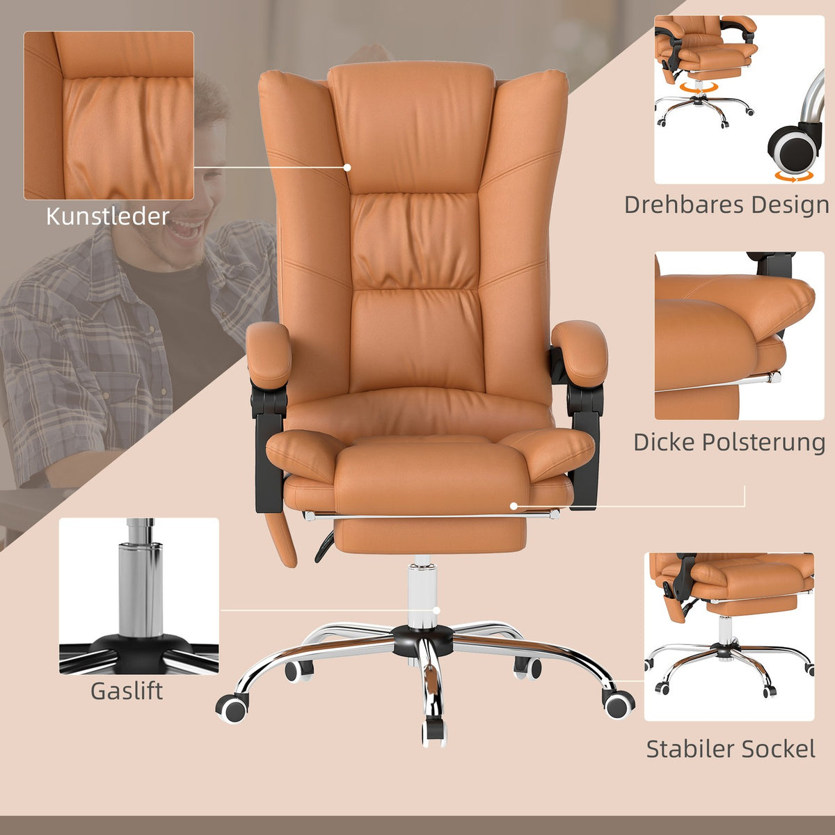 Massage office chair, desk chair with heating function, swivel chair, reclining function, height-adjustable PC chair, light brown