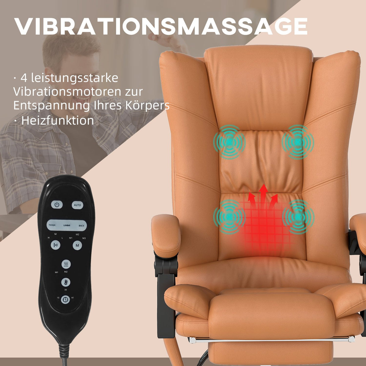 Massage office chair, desk chair with heating function, swivel chair, reclining function, height-adjustable PC chair, light brown