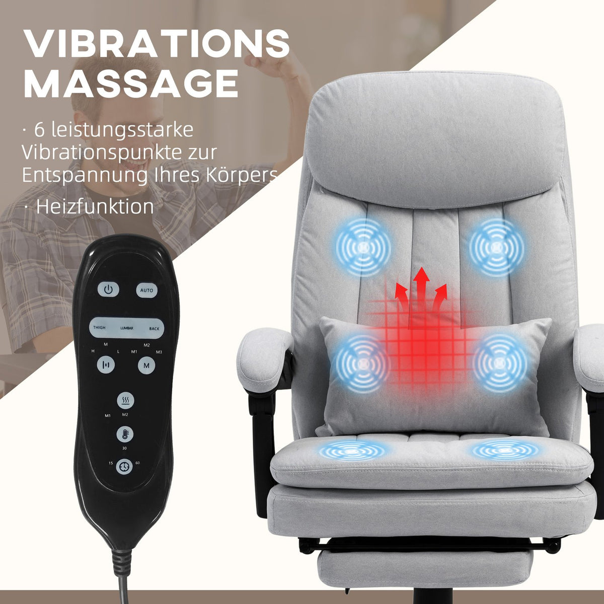 Massage office chair with reclining function, ergonomic desk chair, gray