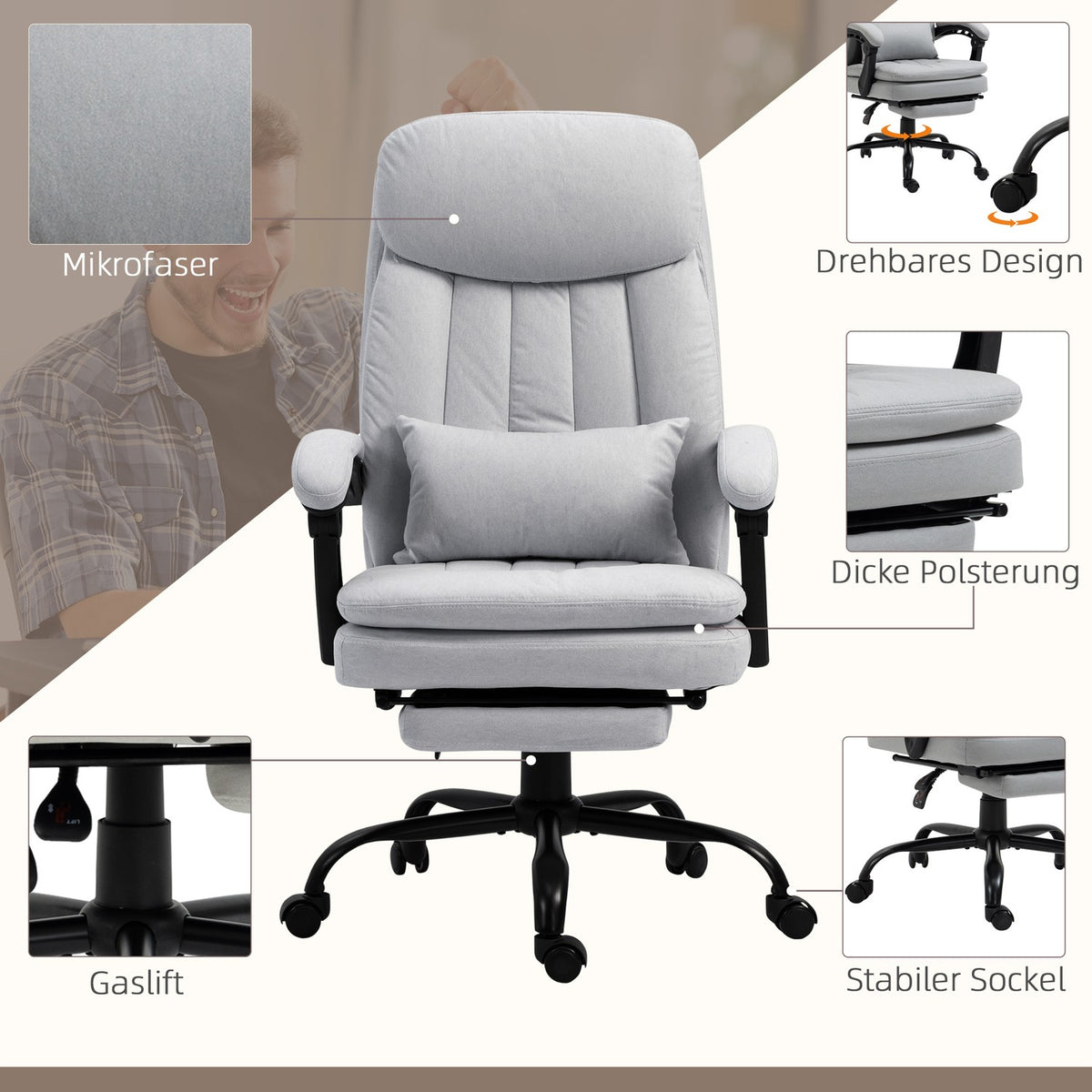 Massage office chair with reclining function, ergonomic desk chair, gray