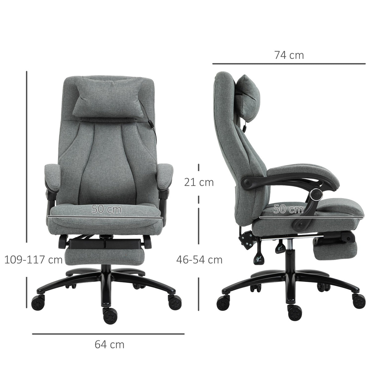 Massage office chair with reclining function, ergonomic desk chair, height adjustable, executive chair, gray