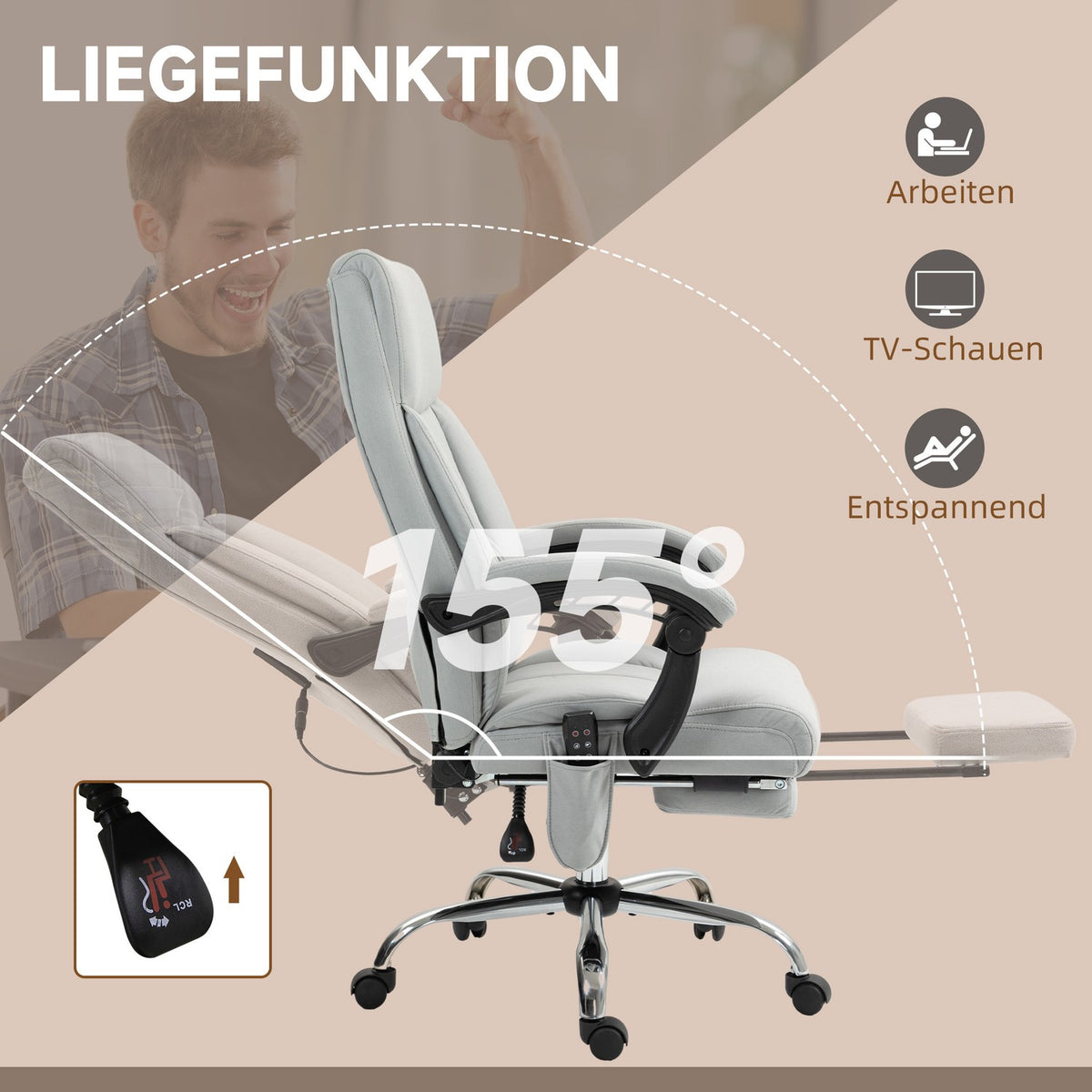 Massage office chair with reclining function, ergonomic desk chair, height adjustable, executive chair with footrest, light gray