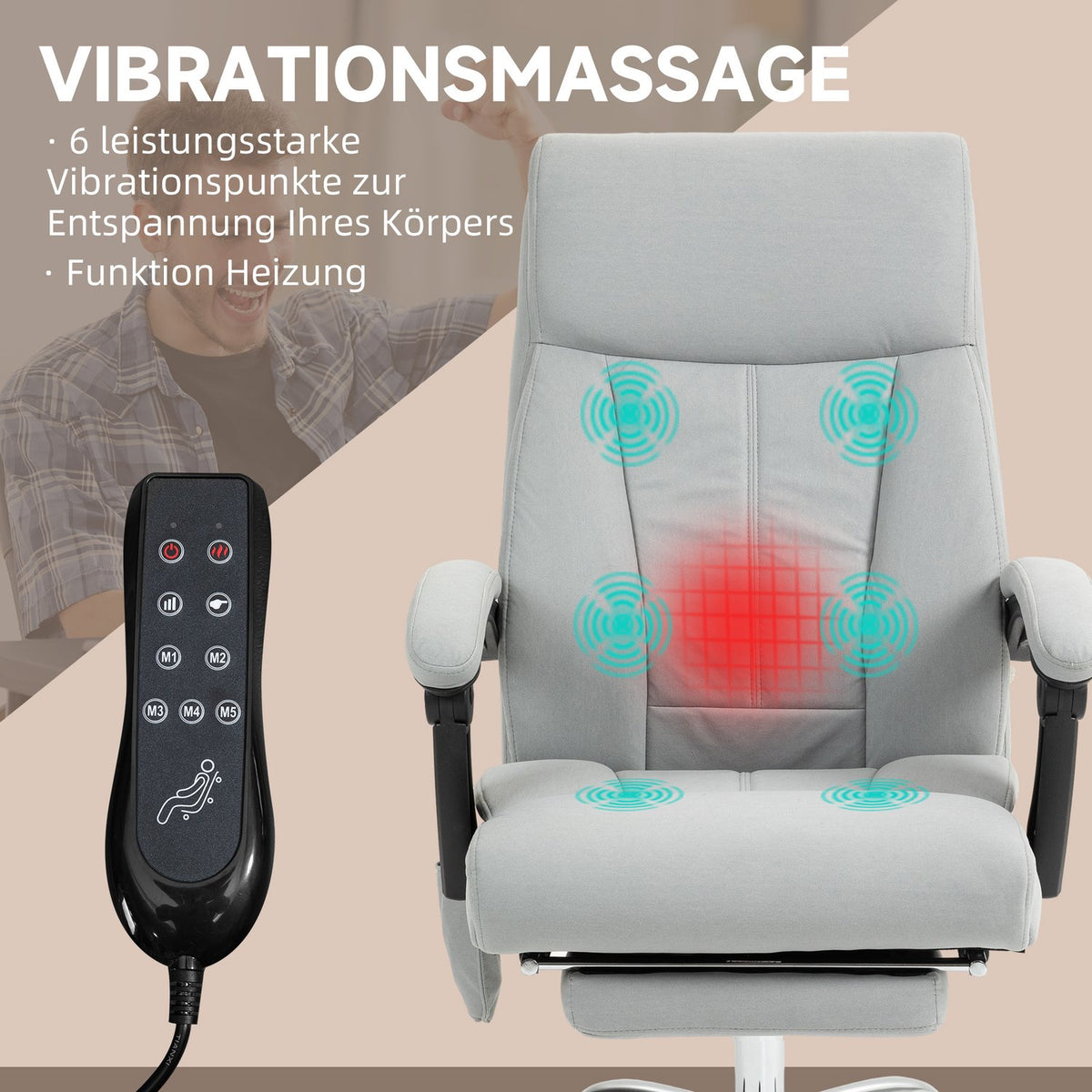 Massage office chair with reclining function, ergonomic desk chair, height adjustable, executive chair with footrest, light gray