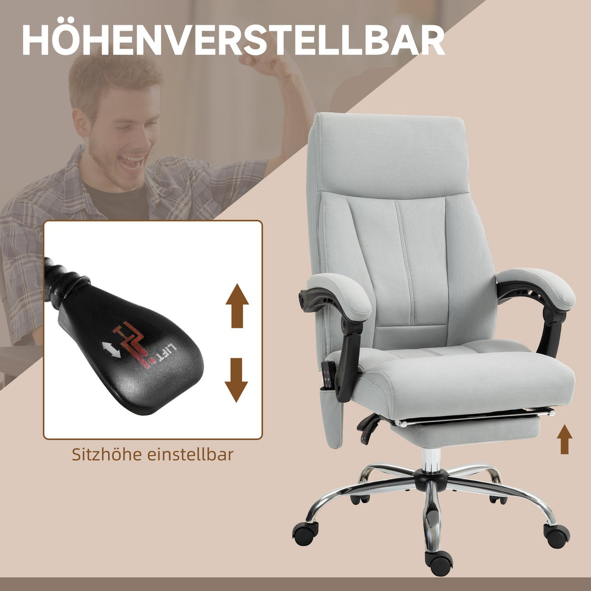 Massage office chair with reclining function, ergonomic desk chair, height adjustable, executive chair with footrest, light gray