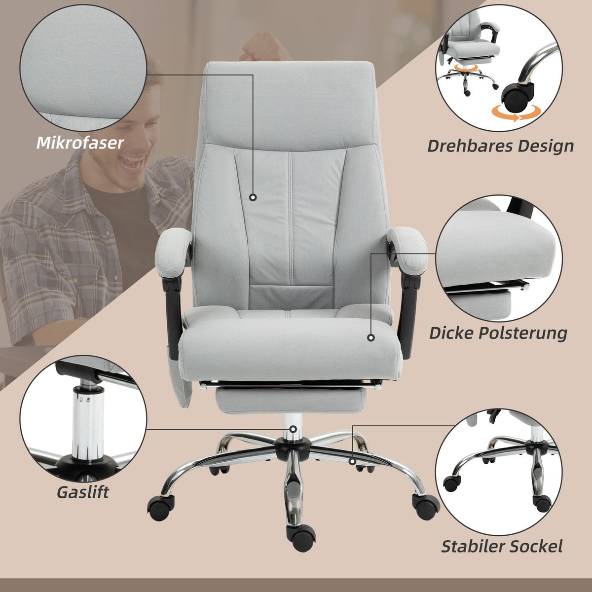 Massage office chair with reclining function, ergonomic desk chair, height adjustable, executive chair with footrest, light gray