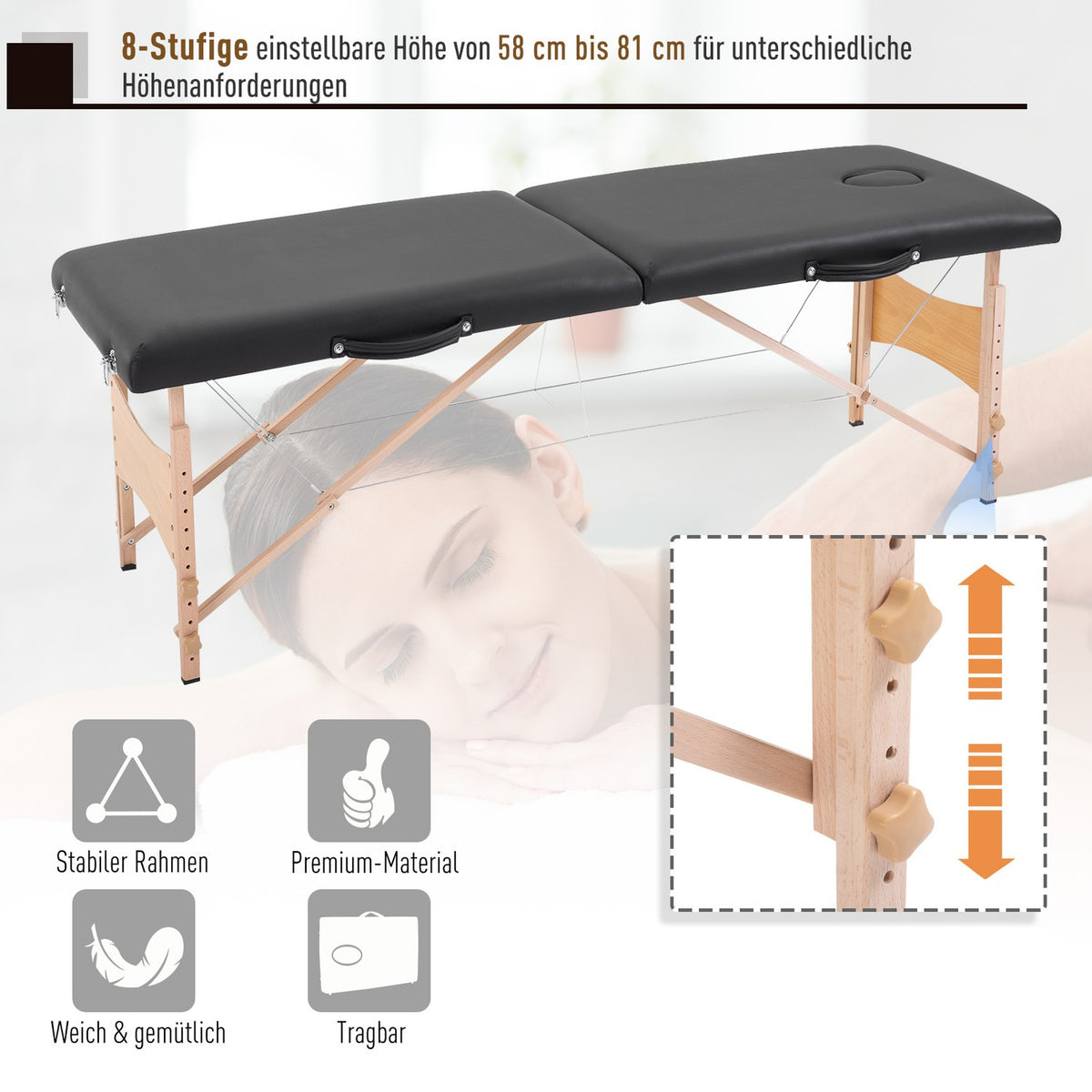 Massage table, mobile massage table, height adjustable, cosmetic bench, poplar wood, foam, black, 186 x 60 x 58-81 cm