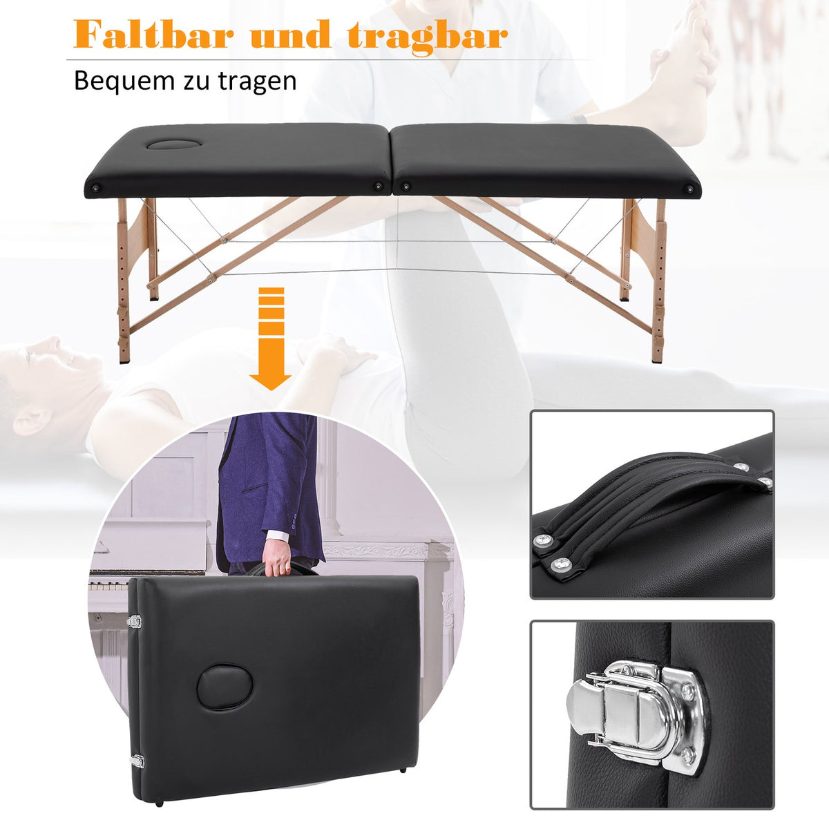 Massage table, mobile massage table, height adjustable, cosmetic bench, poplar wood, foam, black, 186 x 60 x 58-81 cm
