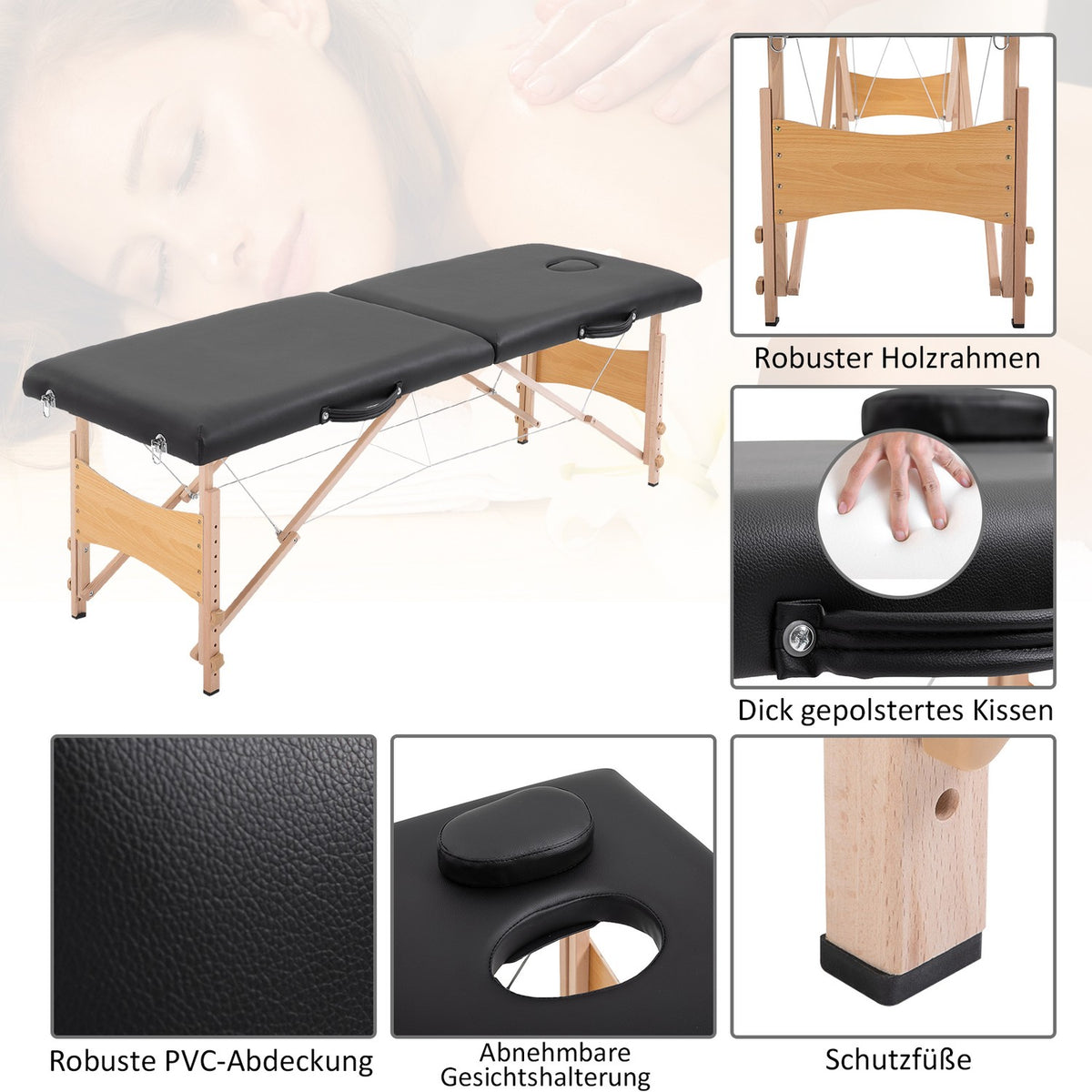 Massage table, mobile massage table, height adjustable, cosmetic bench, poplar wood, foam, black, 186 x 60 x 58-81 cm