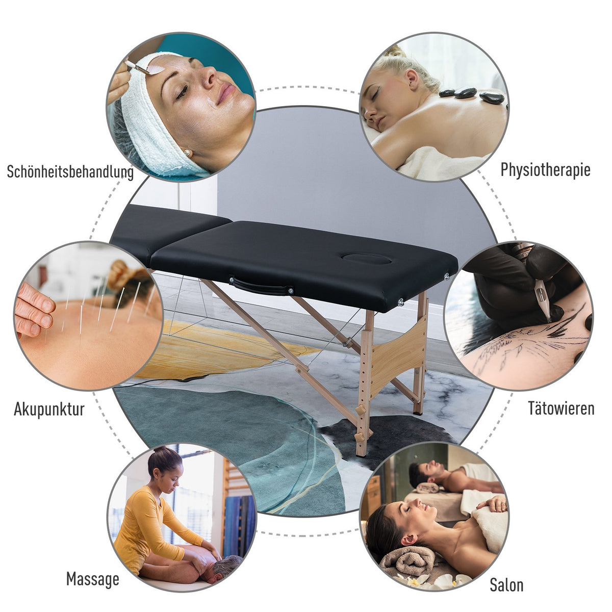 Massage table, mobile massage table, height adjustable, cosmetic bench, poplar wood, foam, black, 186 x 60 x 58-81 cm
