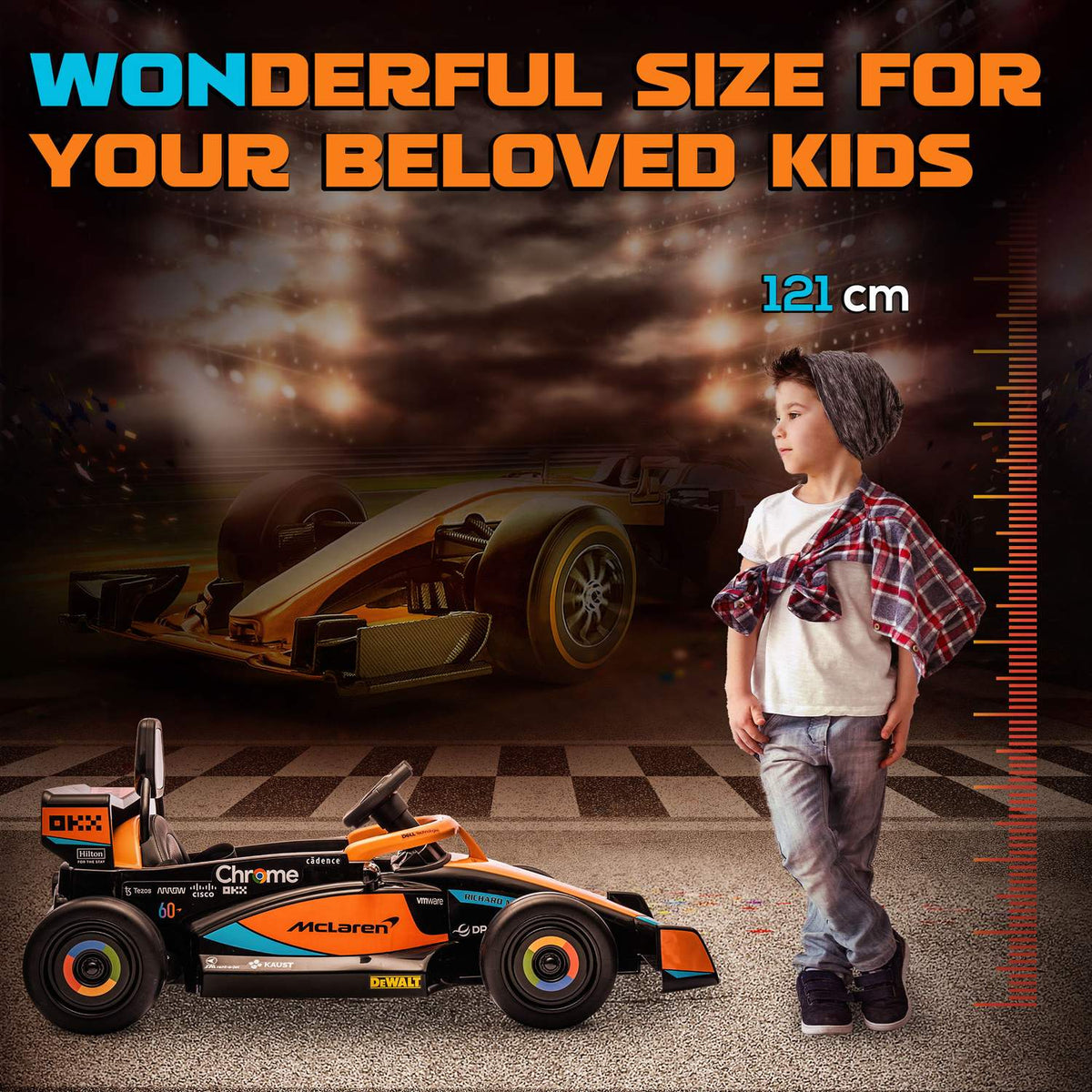 McLaren children's car, with 2 speed, 2 motors, remote control, MP3 USB, suspension, horn, for 3-5 years children, load capacity 30 kg, orange