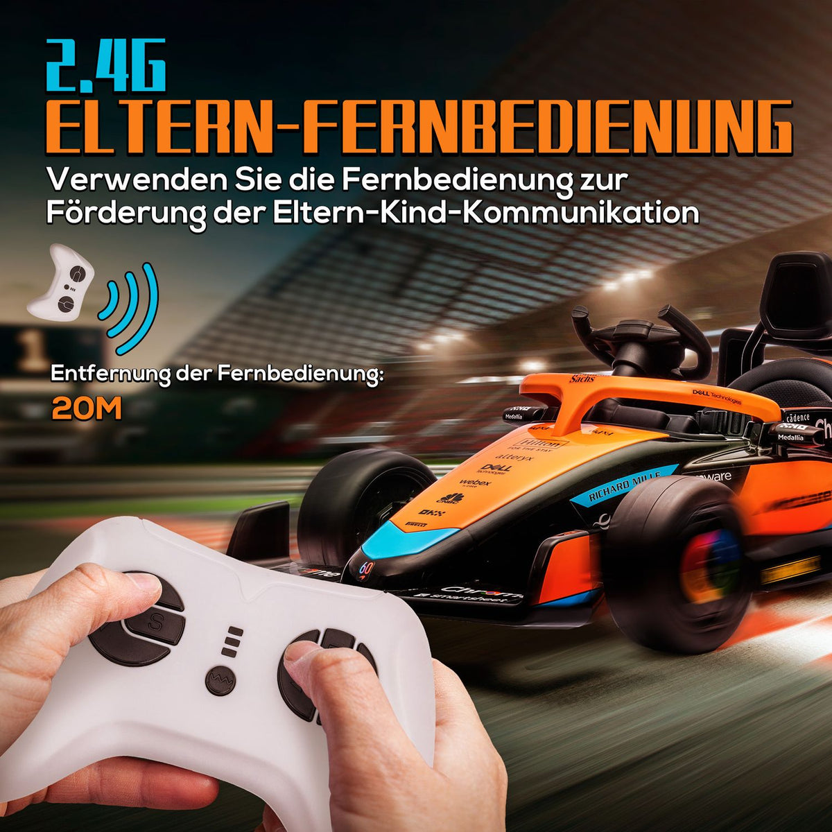 McLaren children's car, with 2 speed, 2 motors, remote control, MP3 USB, suspension, horn, for 3-5 years children, load capacity 30 kg, orange